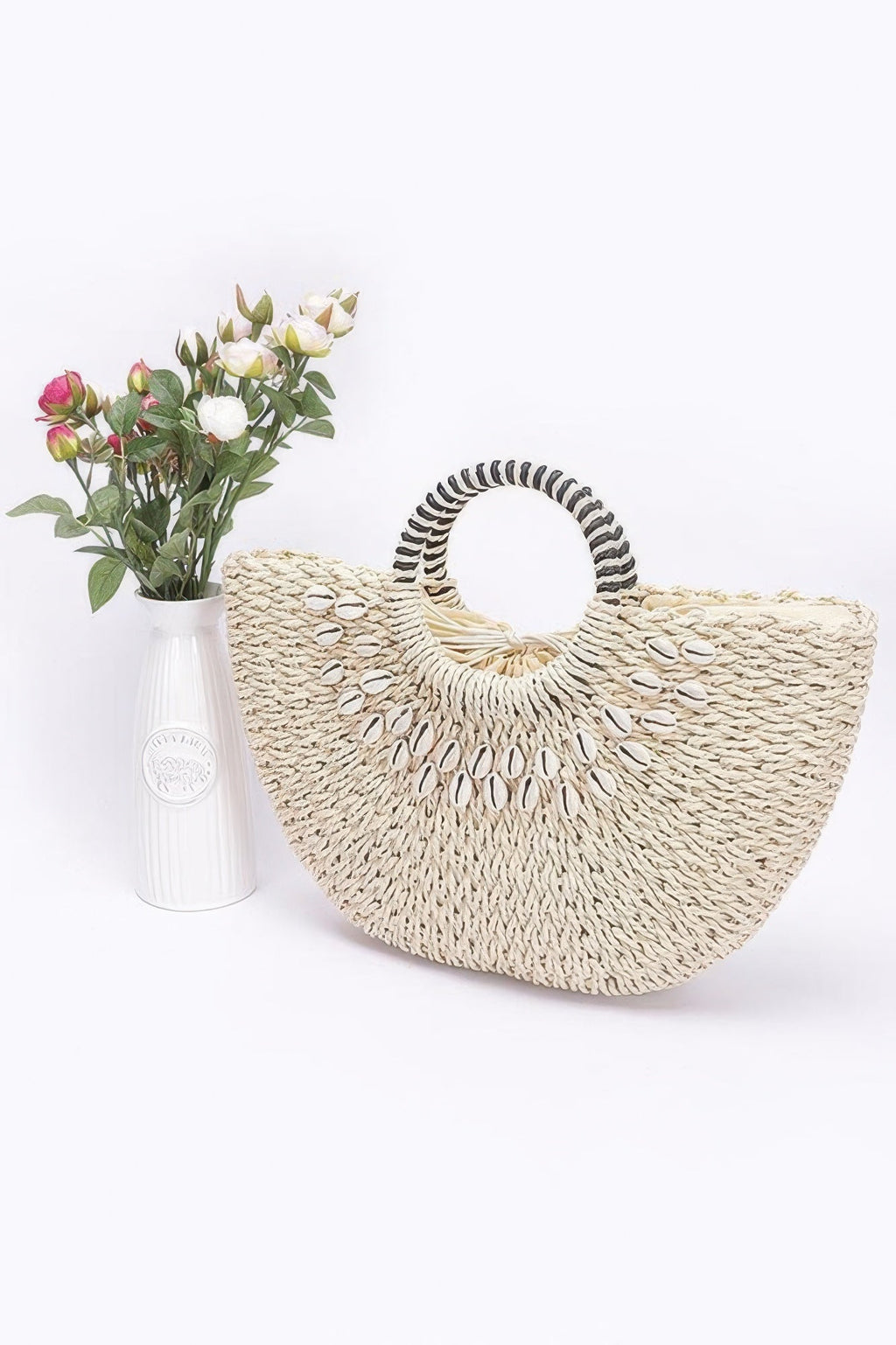 Faux Straw Handmade Shell Embellished Bag