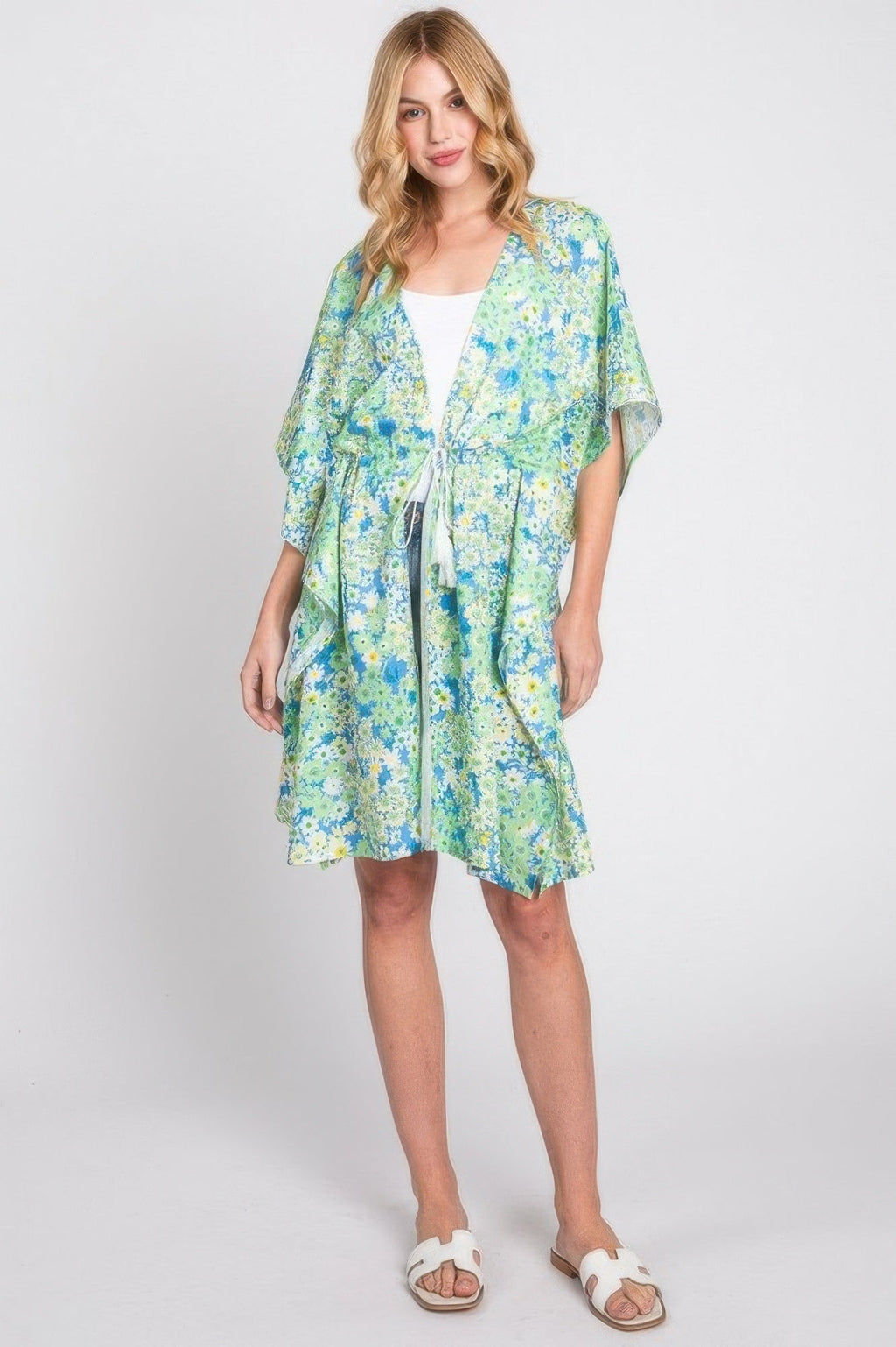 Flower Print Self-tie Drawstring Open Front Cover