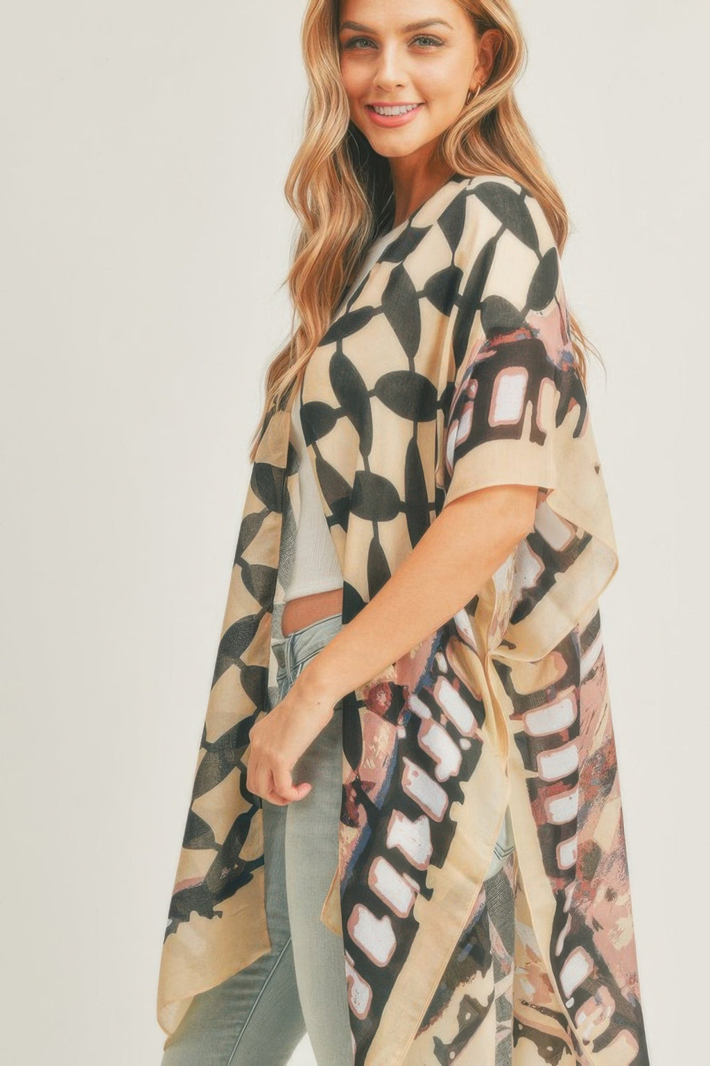 Ombree Front And Geometric Back Print Kimono