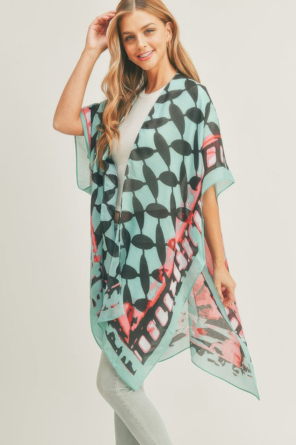 Ombree Front And Geometric Back Print Kimono