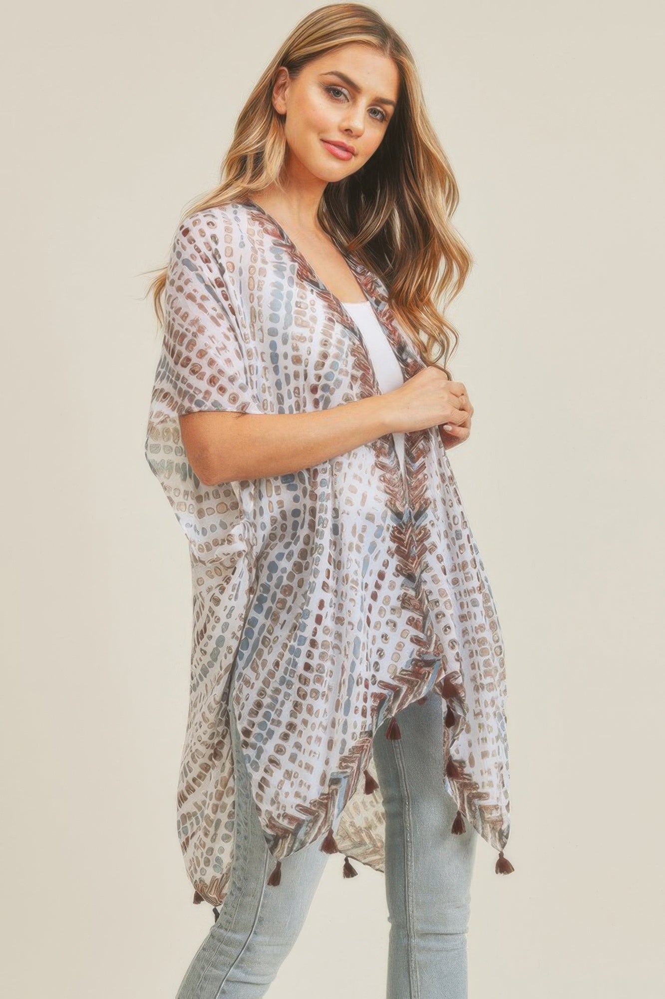 Multi Dash Pattern Tassel Kimono