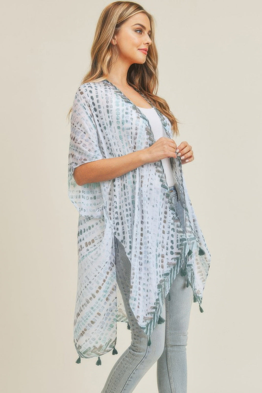 Multi Dash Pattern Tassel Kimono