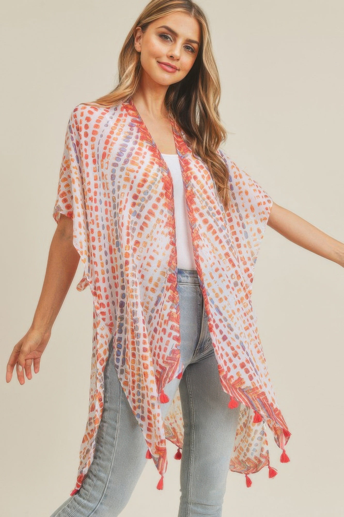 Multi Dash Pattern Tassel Kimono