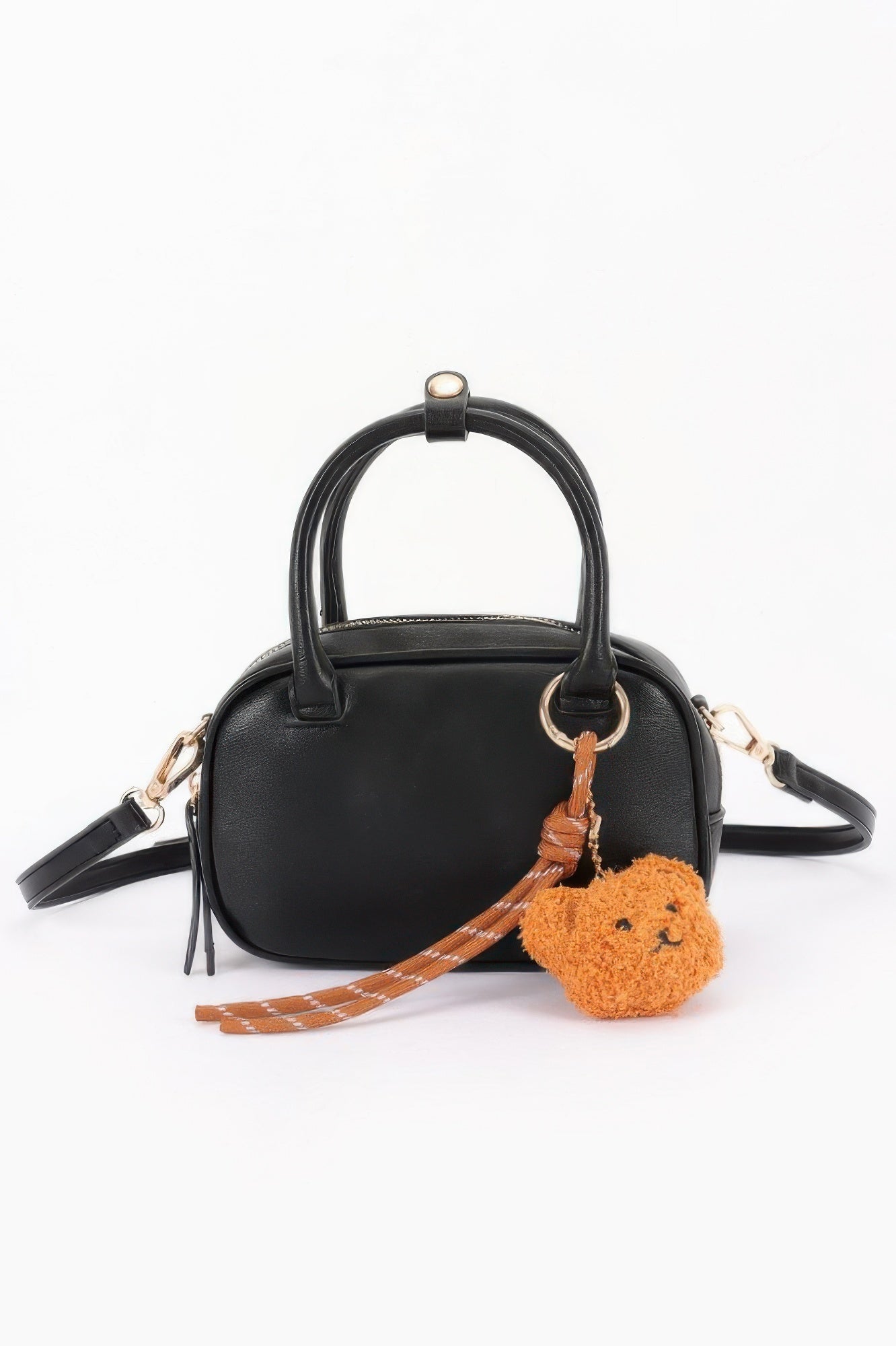 Vegan Leather Mini Bowling Bag With Bear Charm