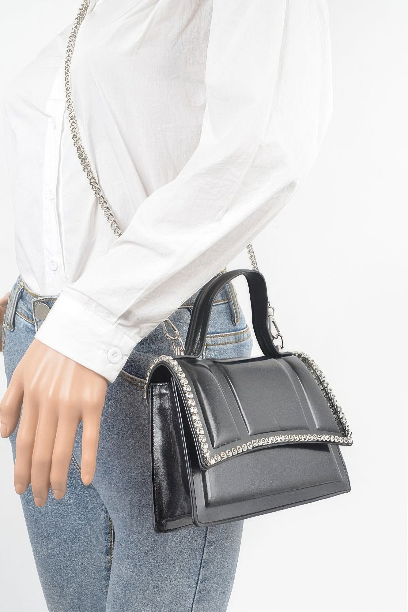 Faux Metallic Leather Top Handle Bag/w Stones