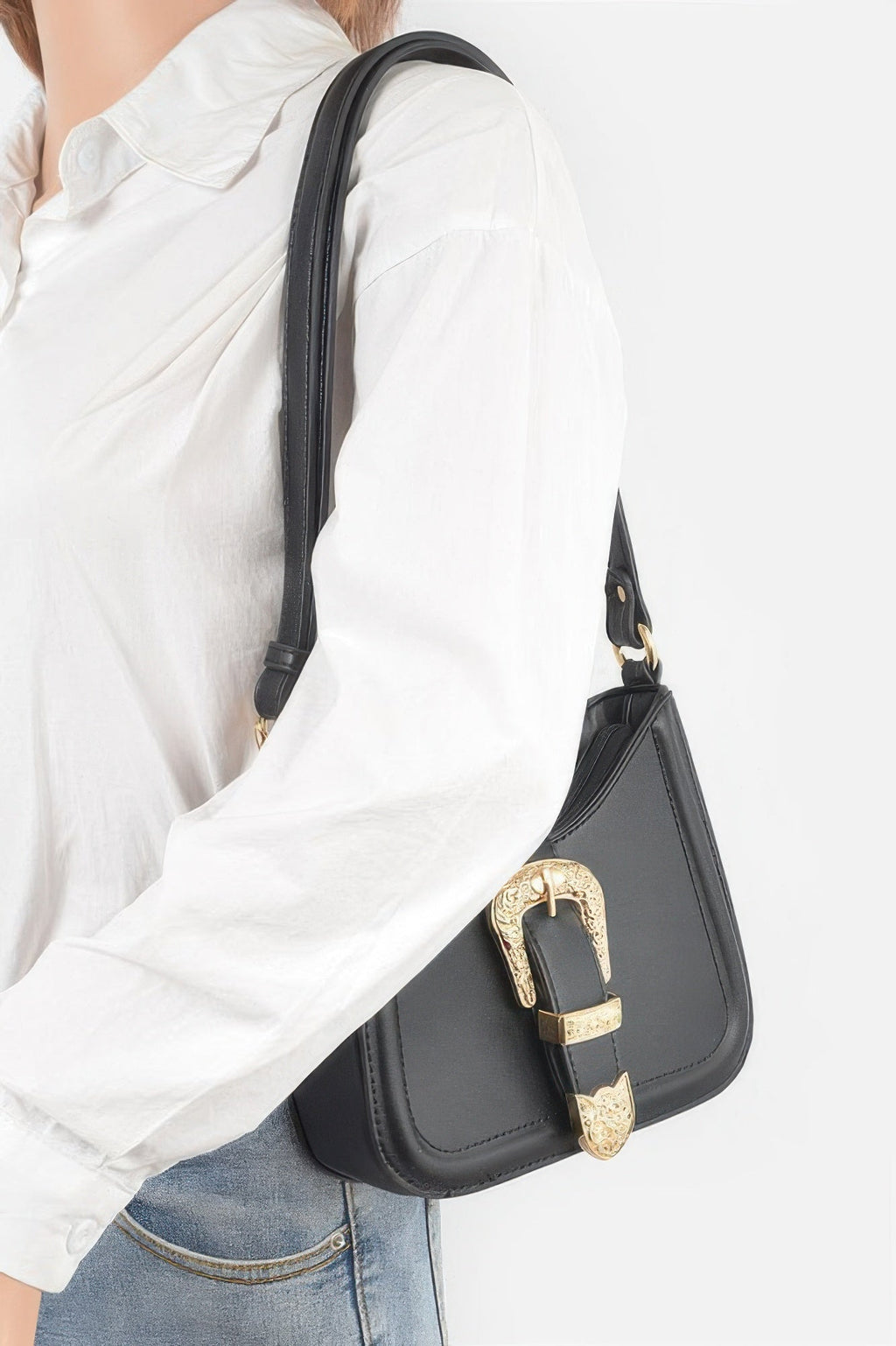 Vegan Metal Buckle Shoulder Bag