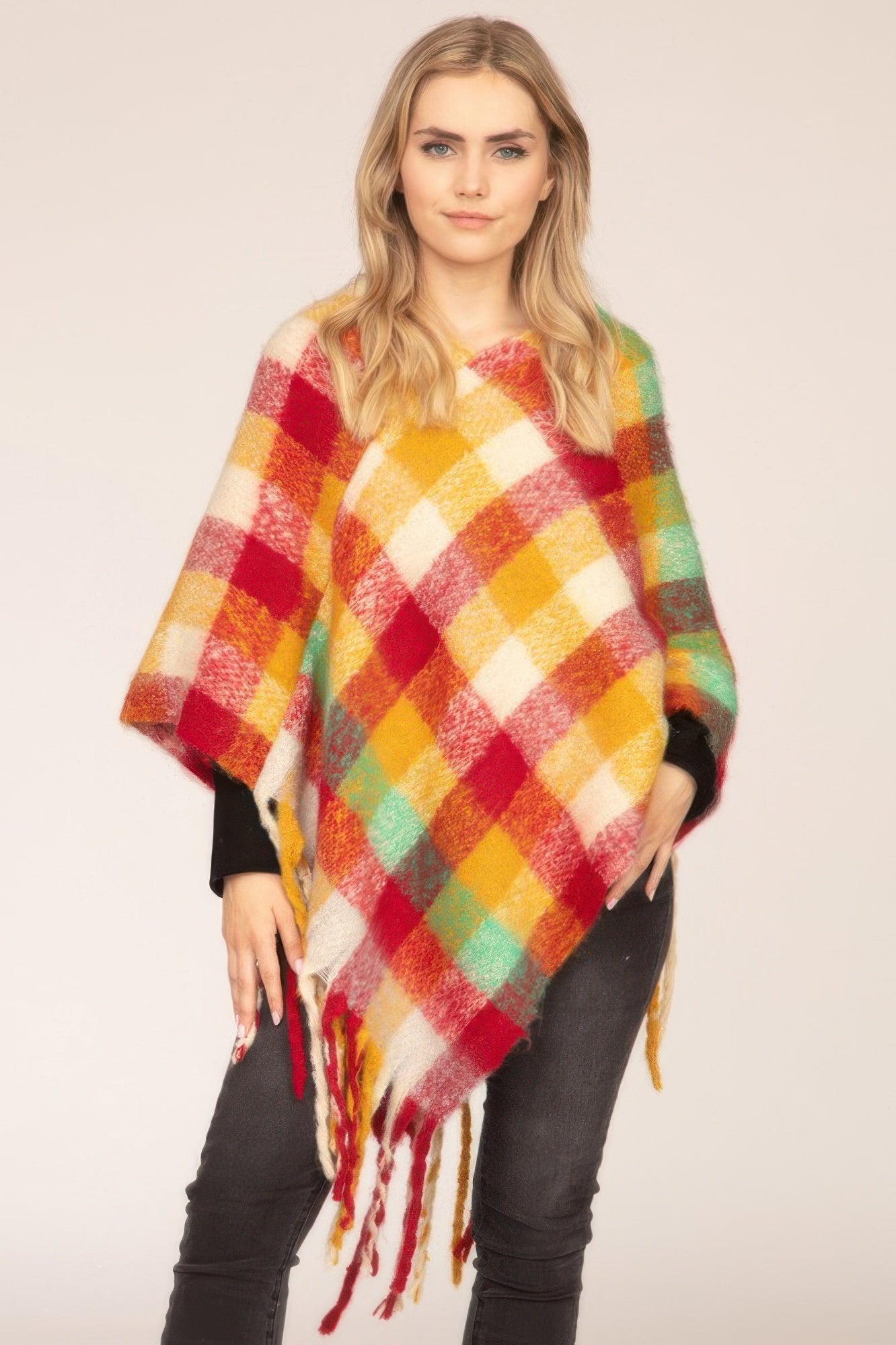 Color Block Plaid Poncho