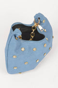 Denim Stone Stud Chain Handle Bag