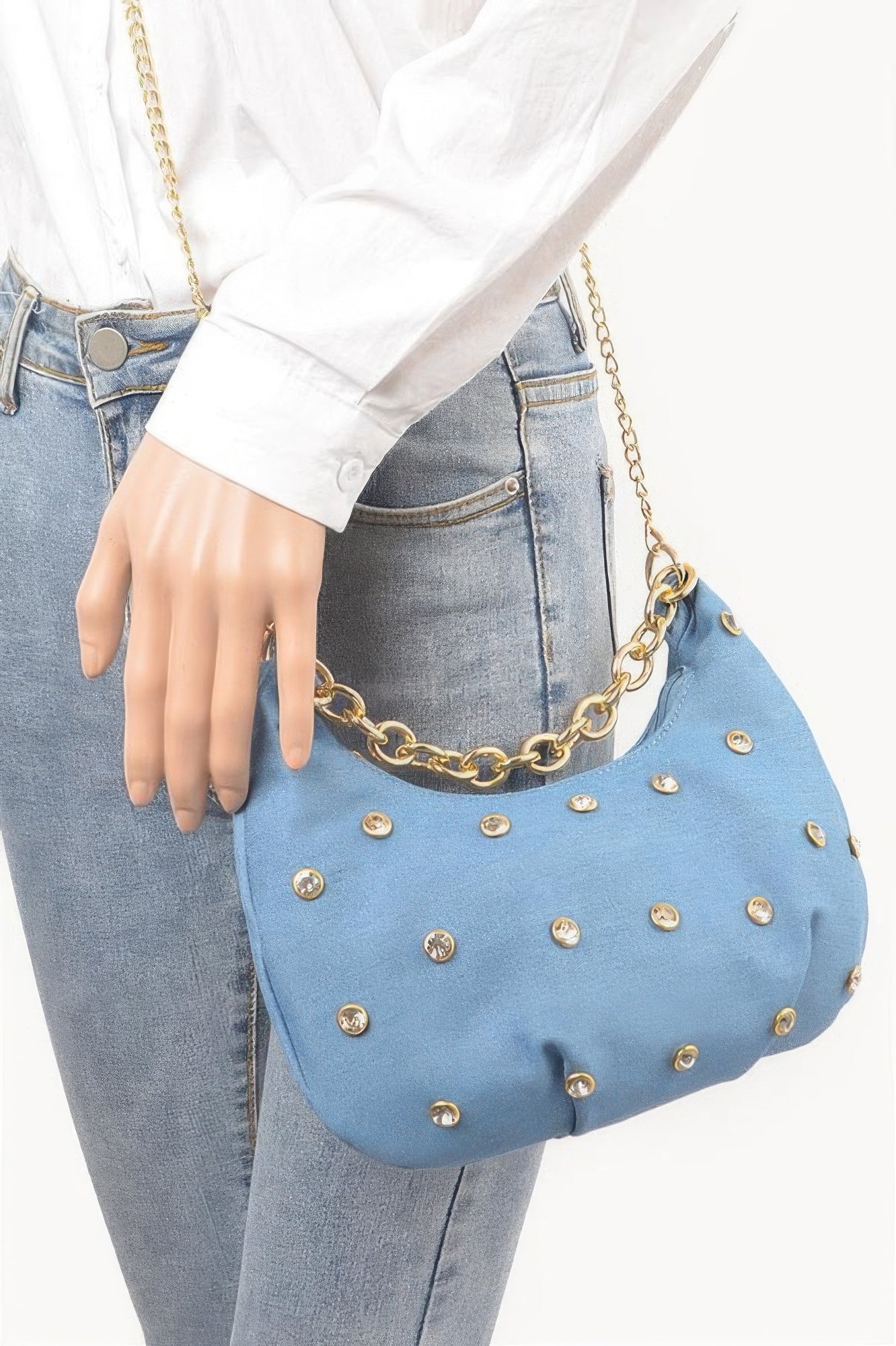 Denim Stone Stud Chain Handle Bag