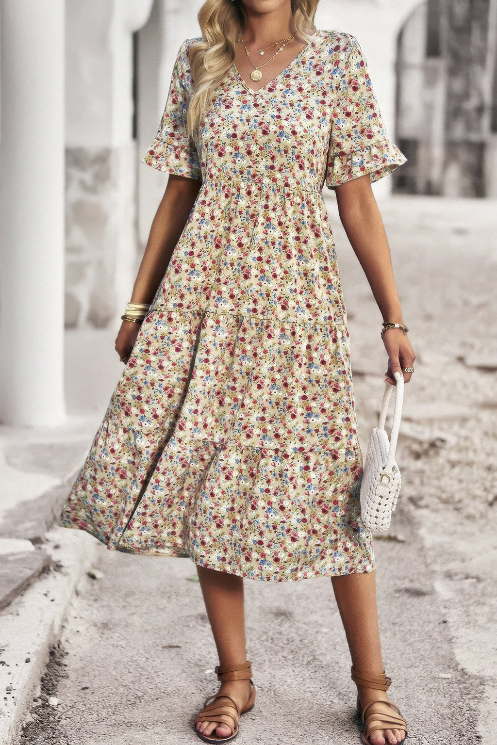Boho Floral Ruffle Hem V Neck Short Sleeve Dress