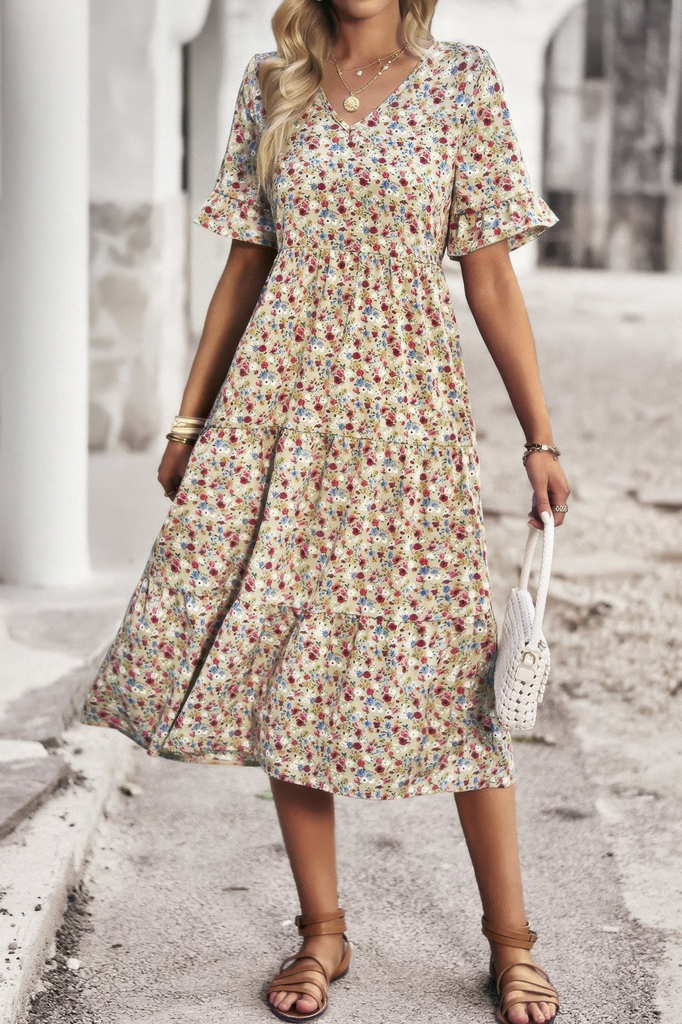 Boho Floral Ruffle Hem V Neck Short Sleeve Dress