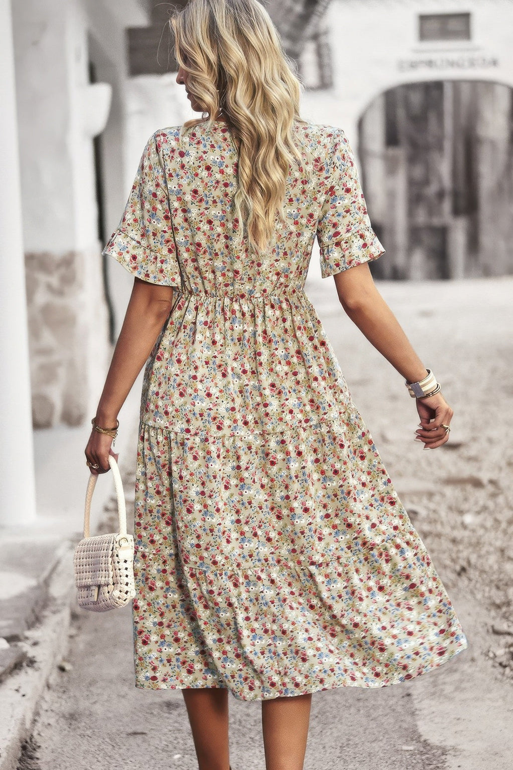 Boho Floral Ruffle Hem V Neck Short Sleeve Dress