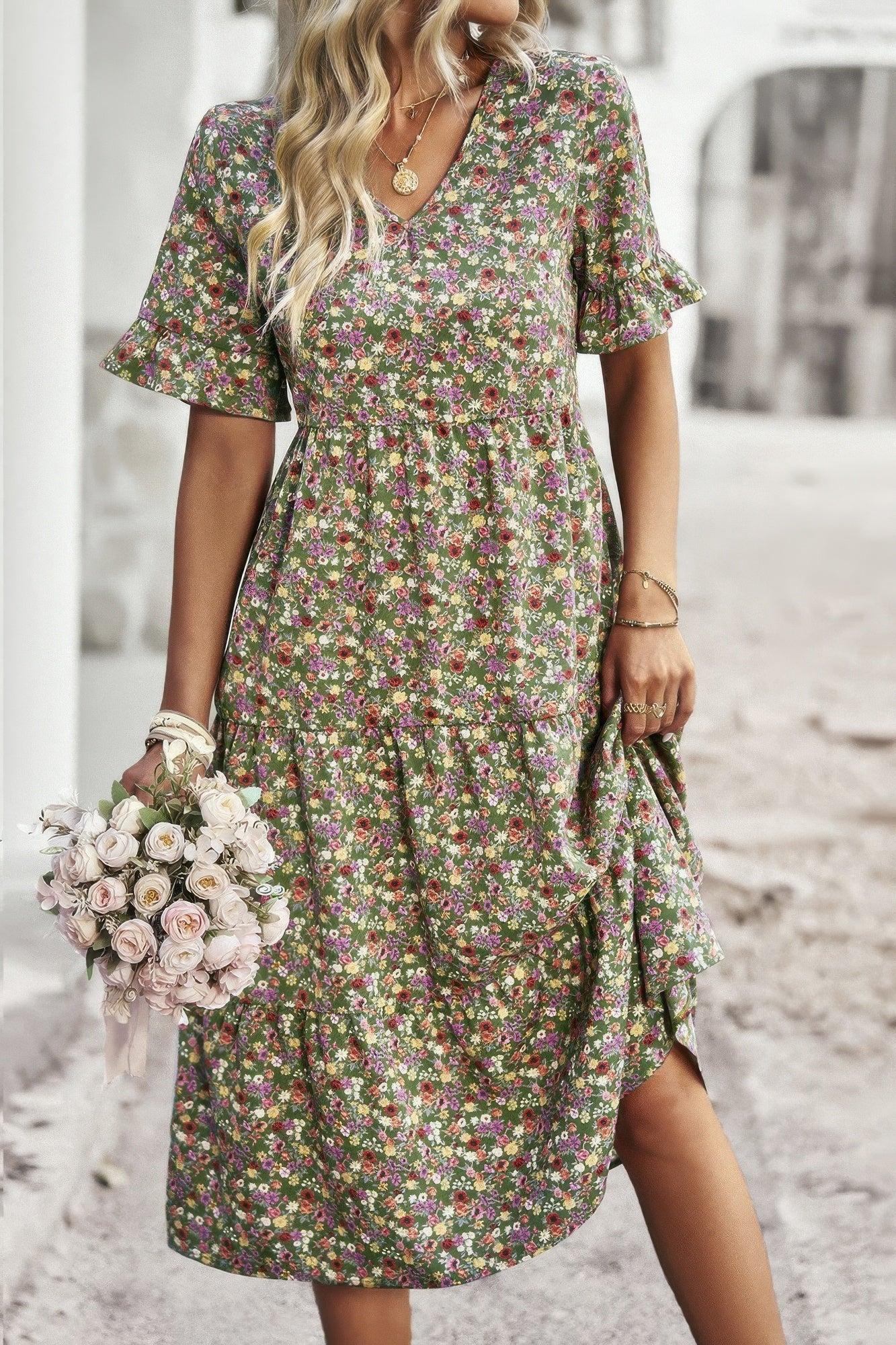 Boho Floral Ruffle Hem V Neck Short Sleeve Dress