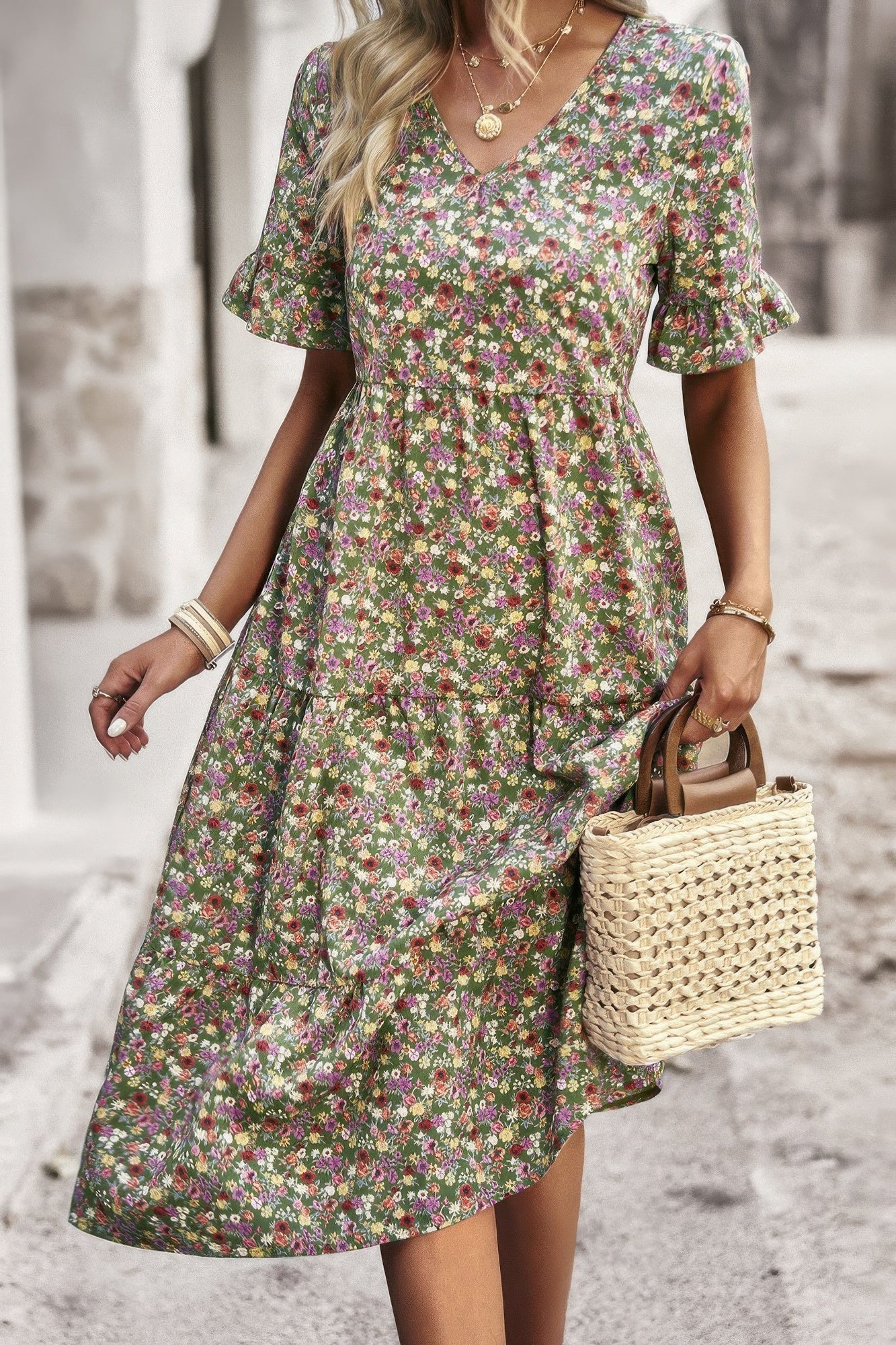Boho Floral Ruffle Hem V Neck Short Sleeve Dress