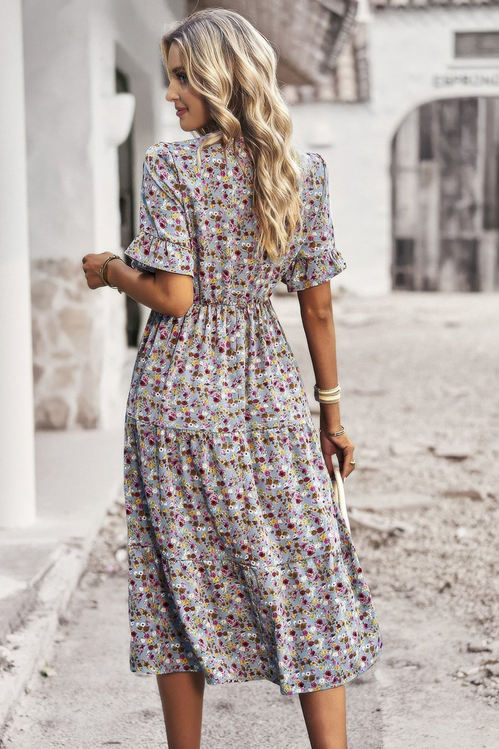 Boho Floral Ruffle Hem V Neck Short Sleeve Dress