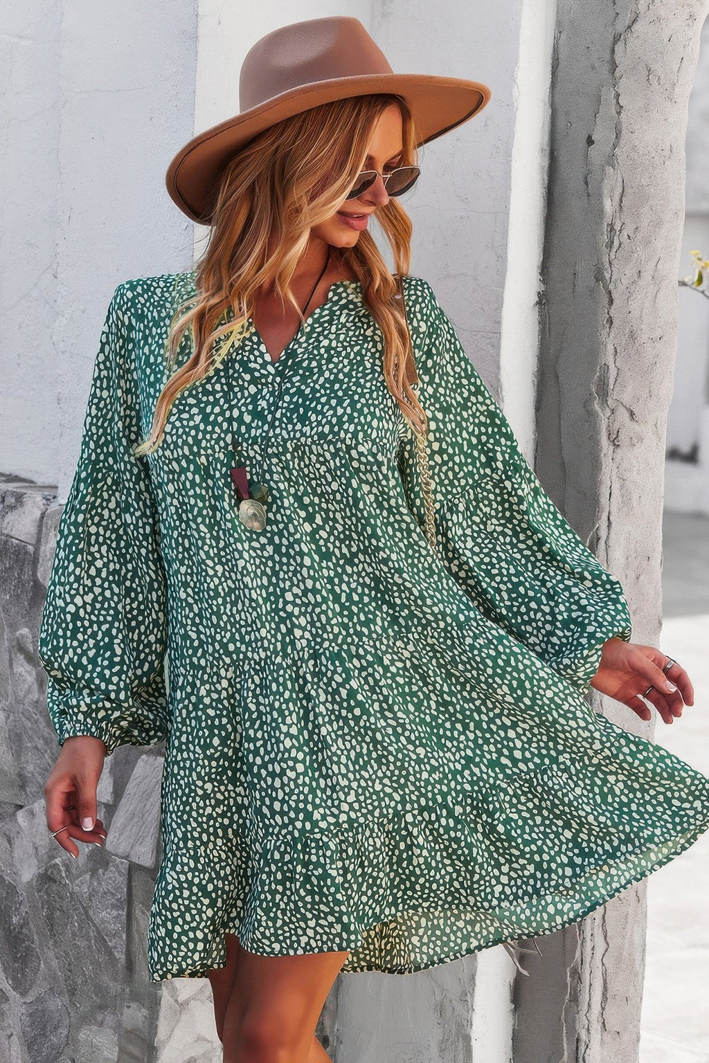 V Neck Drop Shoulder Cheetah Print Tunic Dress