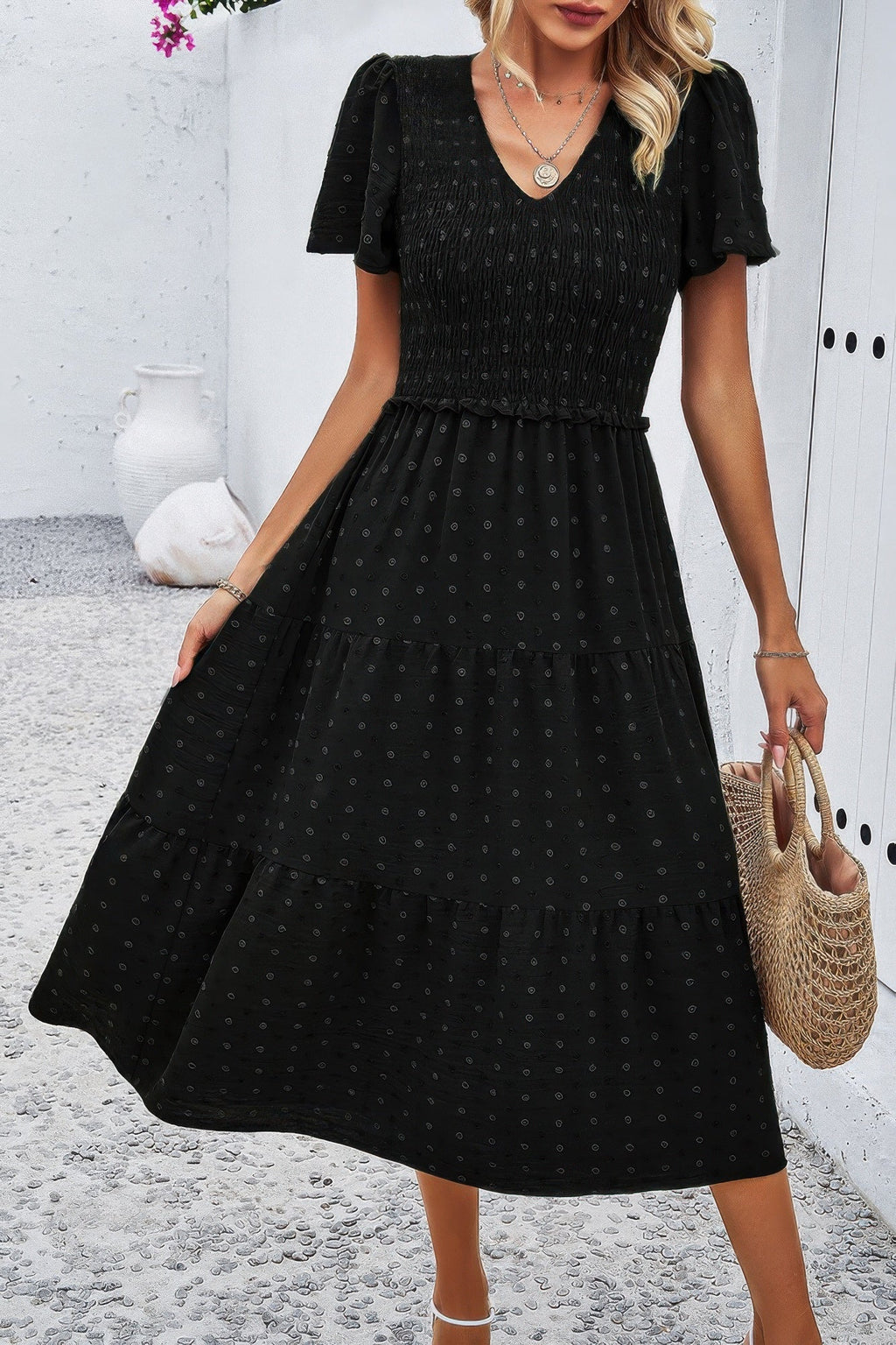 Elegant Ruched V Neck Short Sleeve Pleated Dress