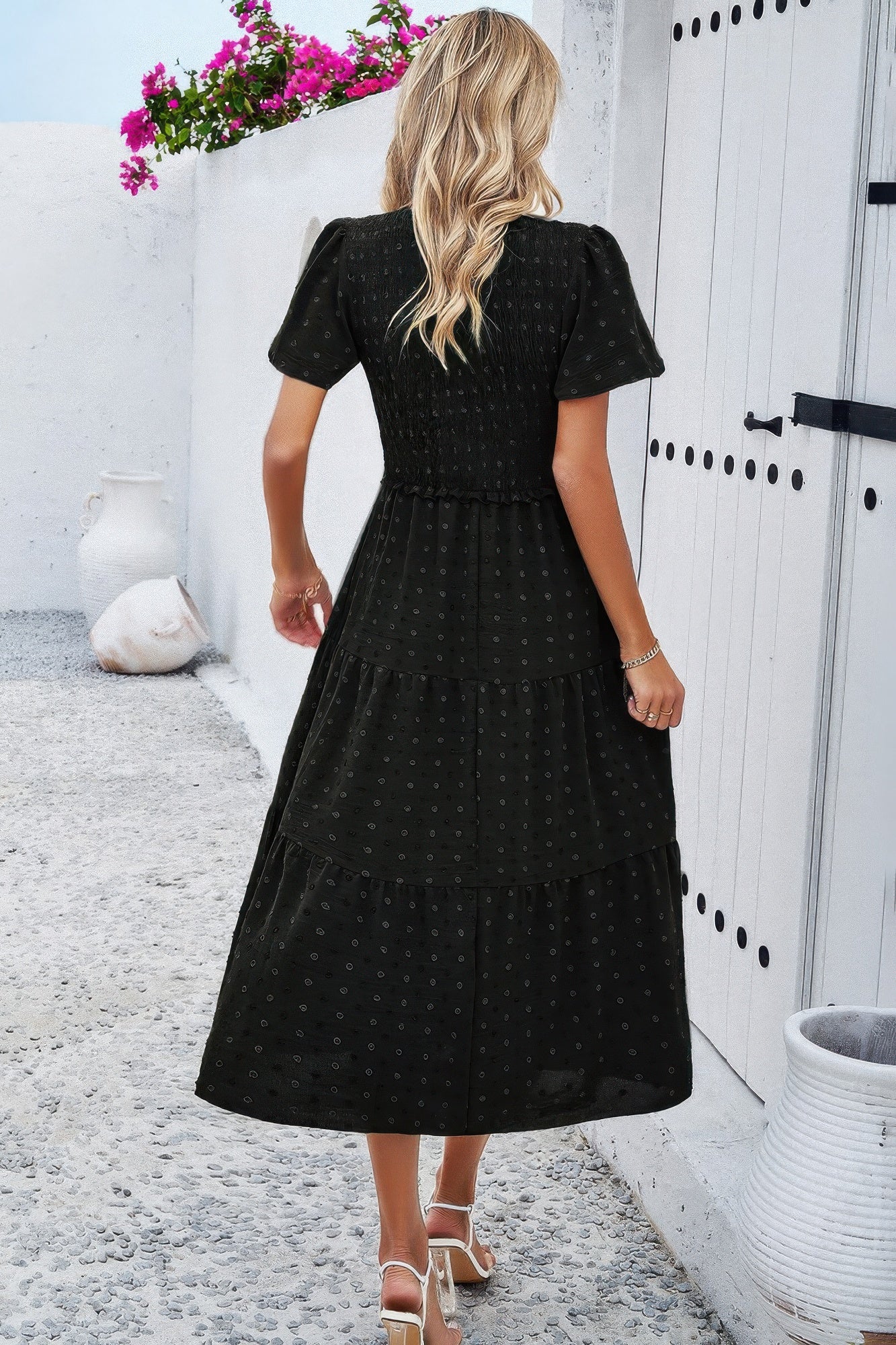 Elegant Ruched V Neck Short Sleeve Pleated Dress