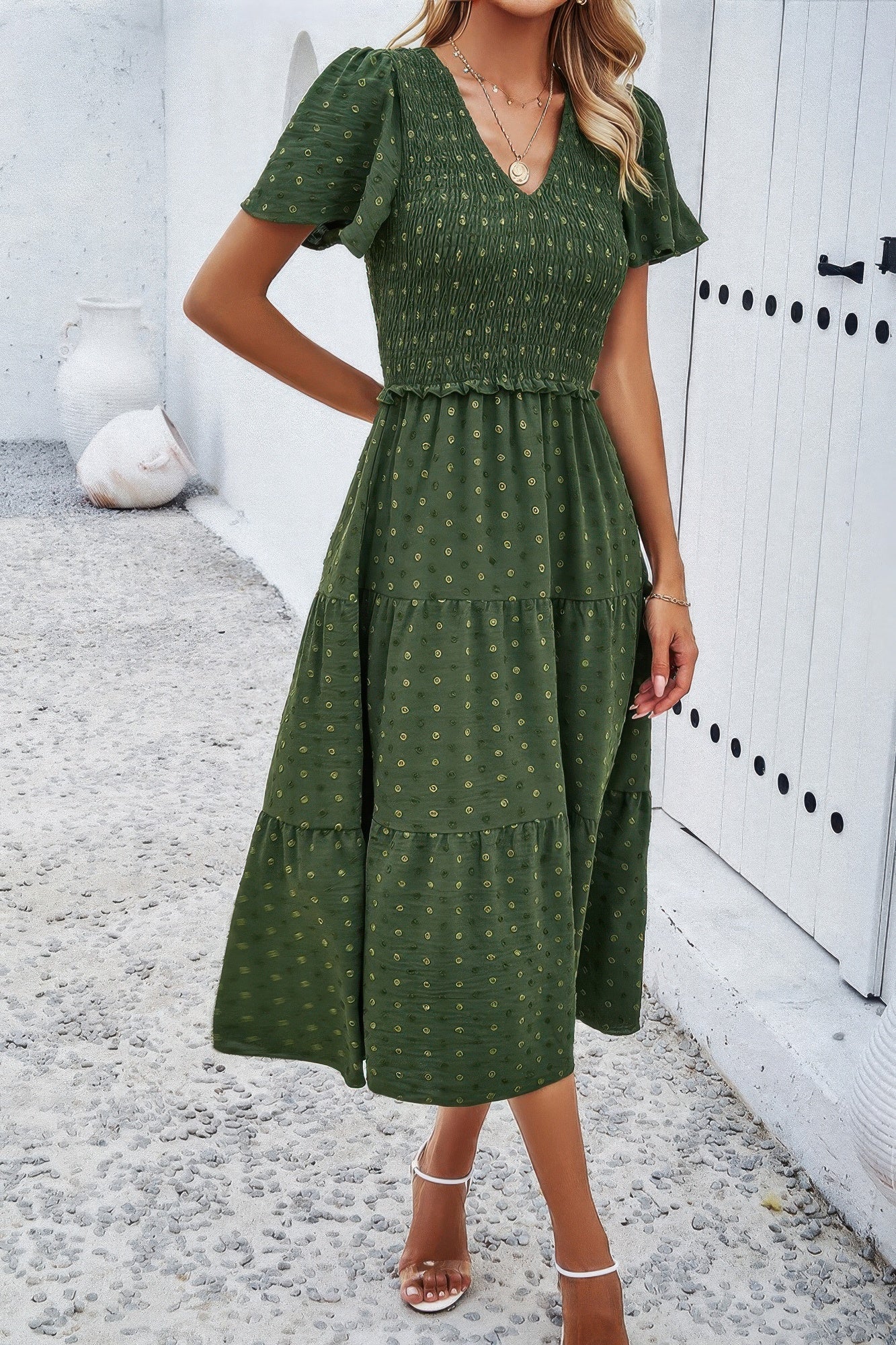 Elegant Ruched V Neck Short Sleeve Pleated Dress