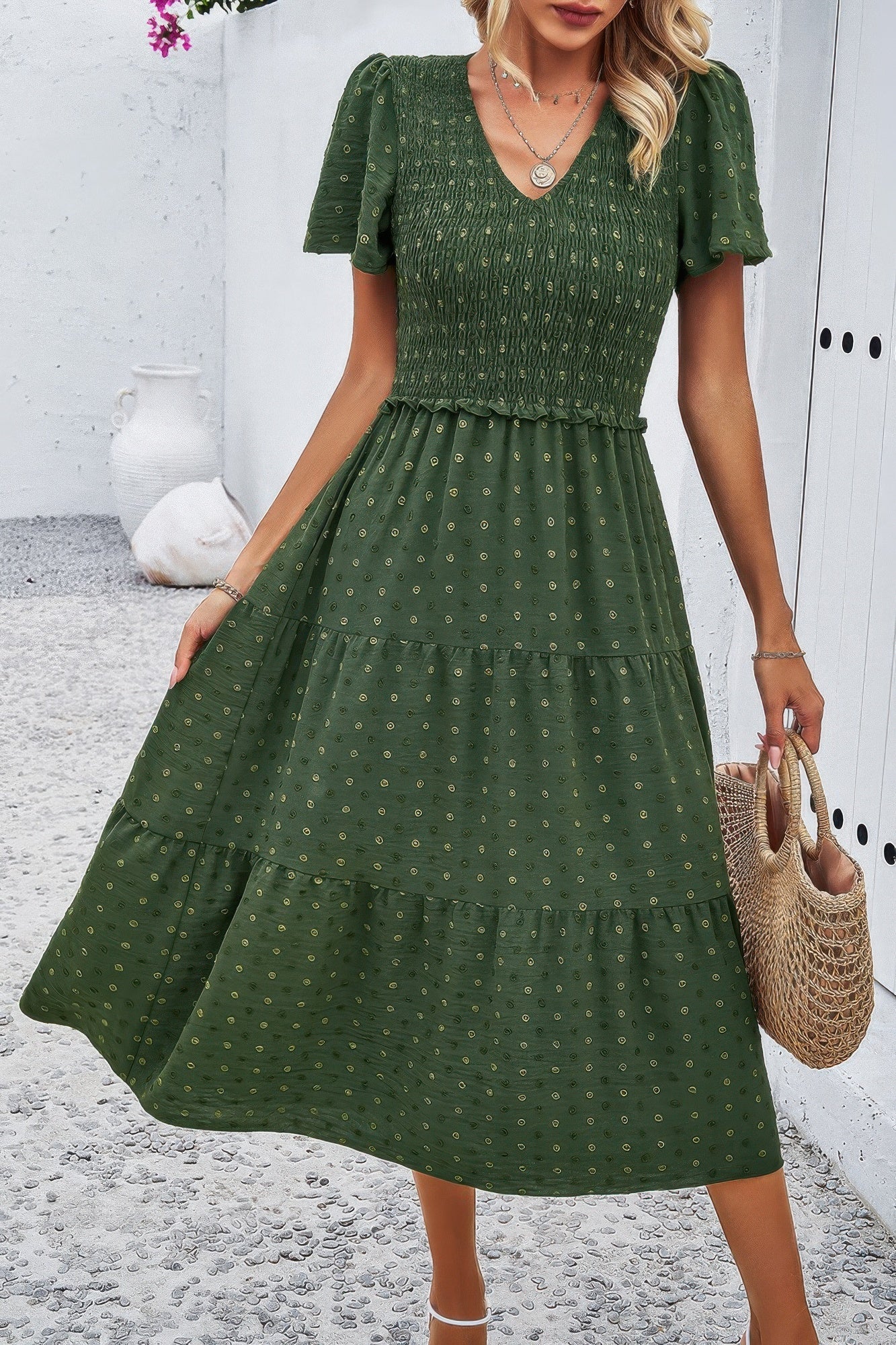 Elegant Ruched V Neck Short Sleeve Pleated Dress