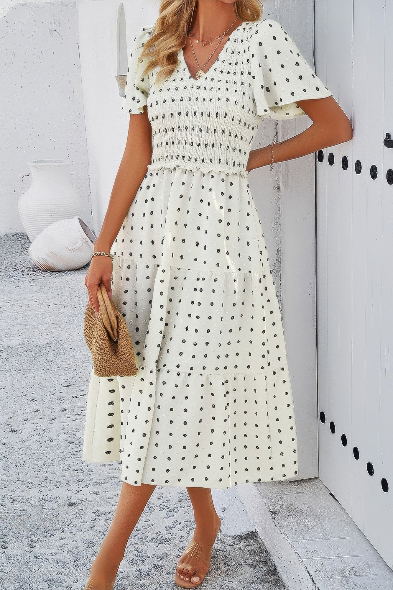 Elegant Ruched V Neck Short Sleeve Pleated Dress