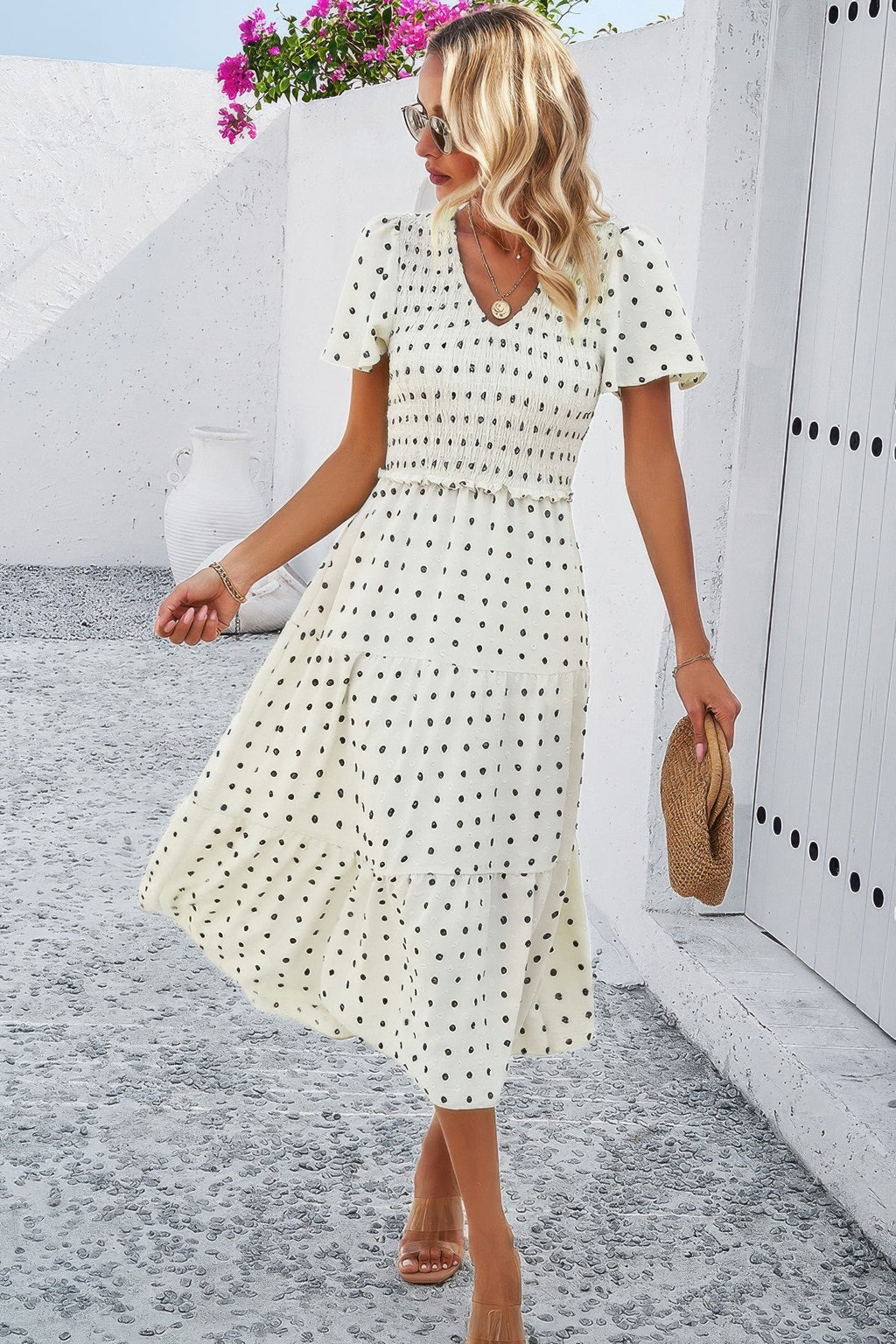 Elegant Ruched V Neck Short Sleeve Pleated Dress