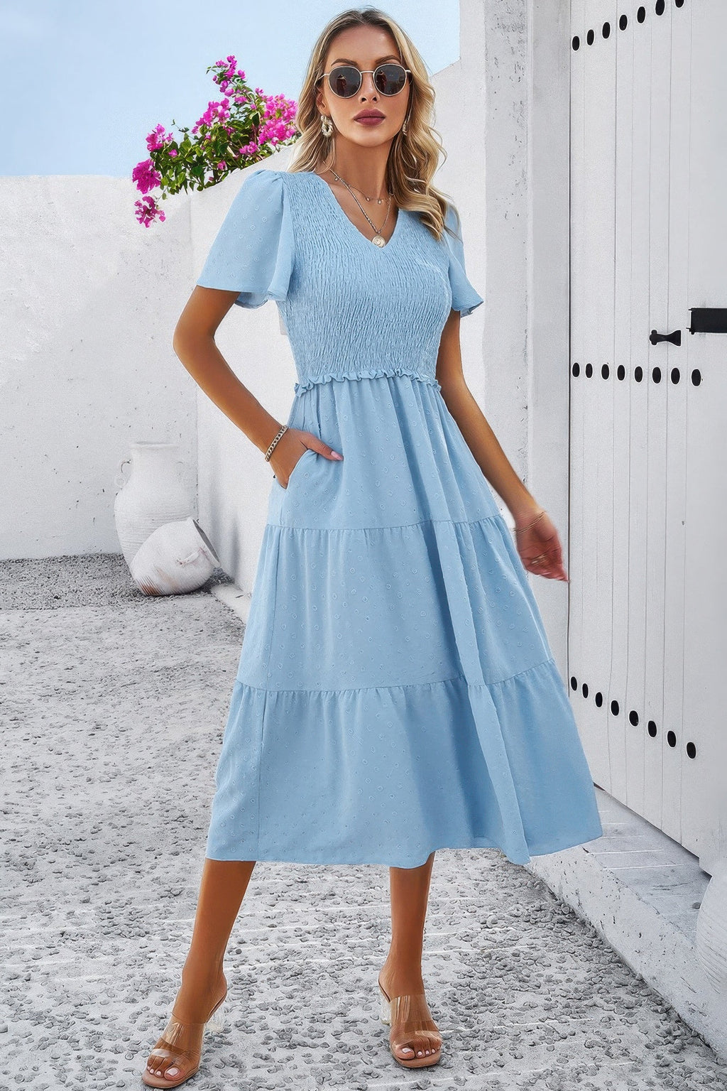 Elegant Ruched V Neck Short Sleeve Pleated Dress