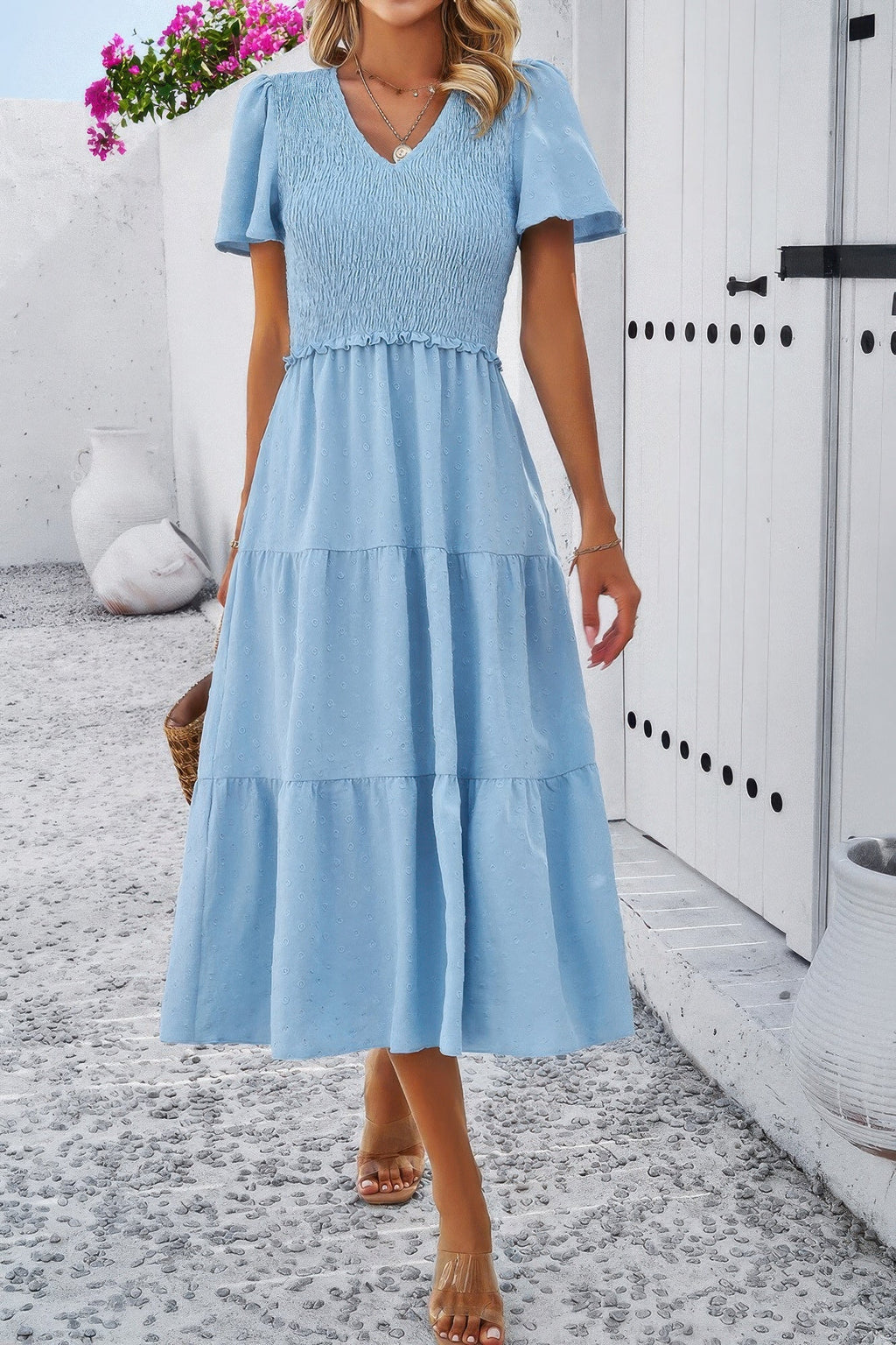 Elegant Ruched V Neck Short Sleeve Pleated Dress