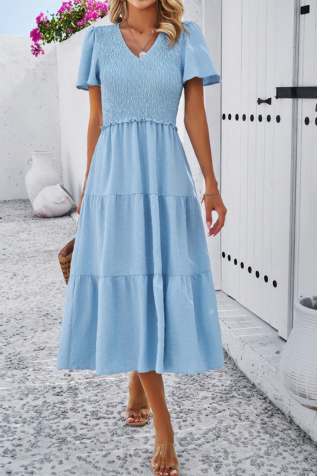 Elegant Ruched V Neck Short Sleeve Pleated Dress