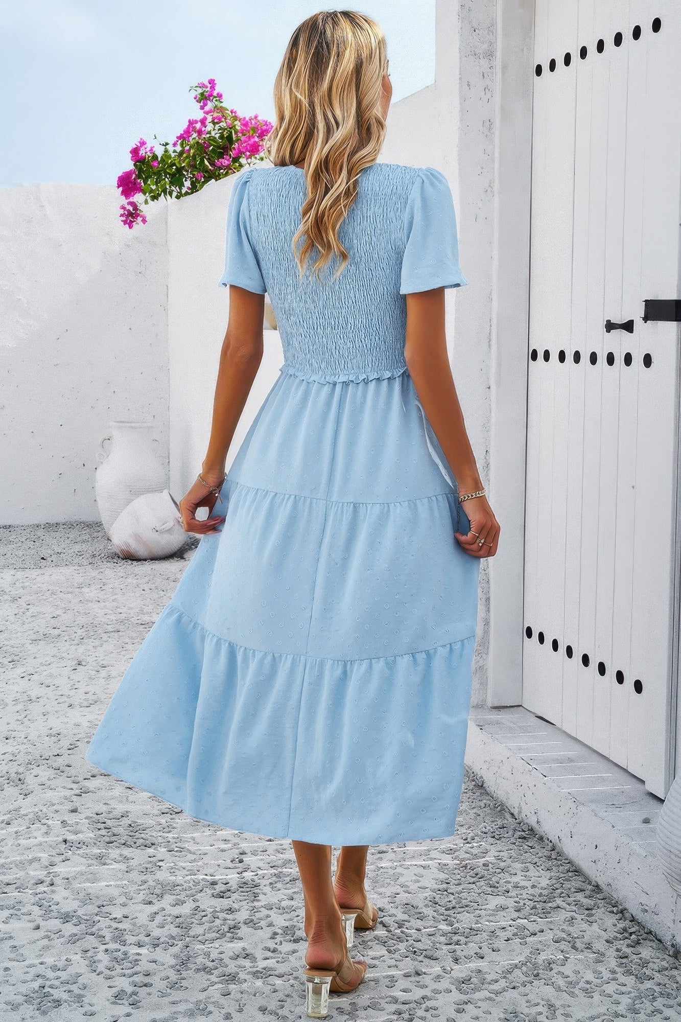 Elegant Ruched V Neck Short Sleeve Pleated Dress