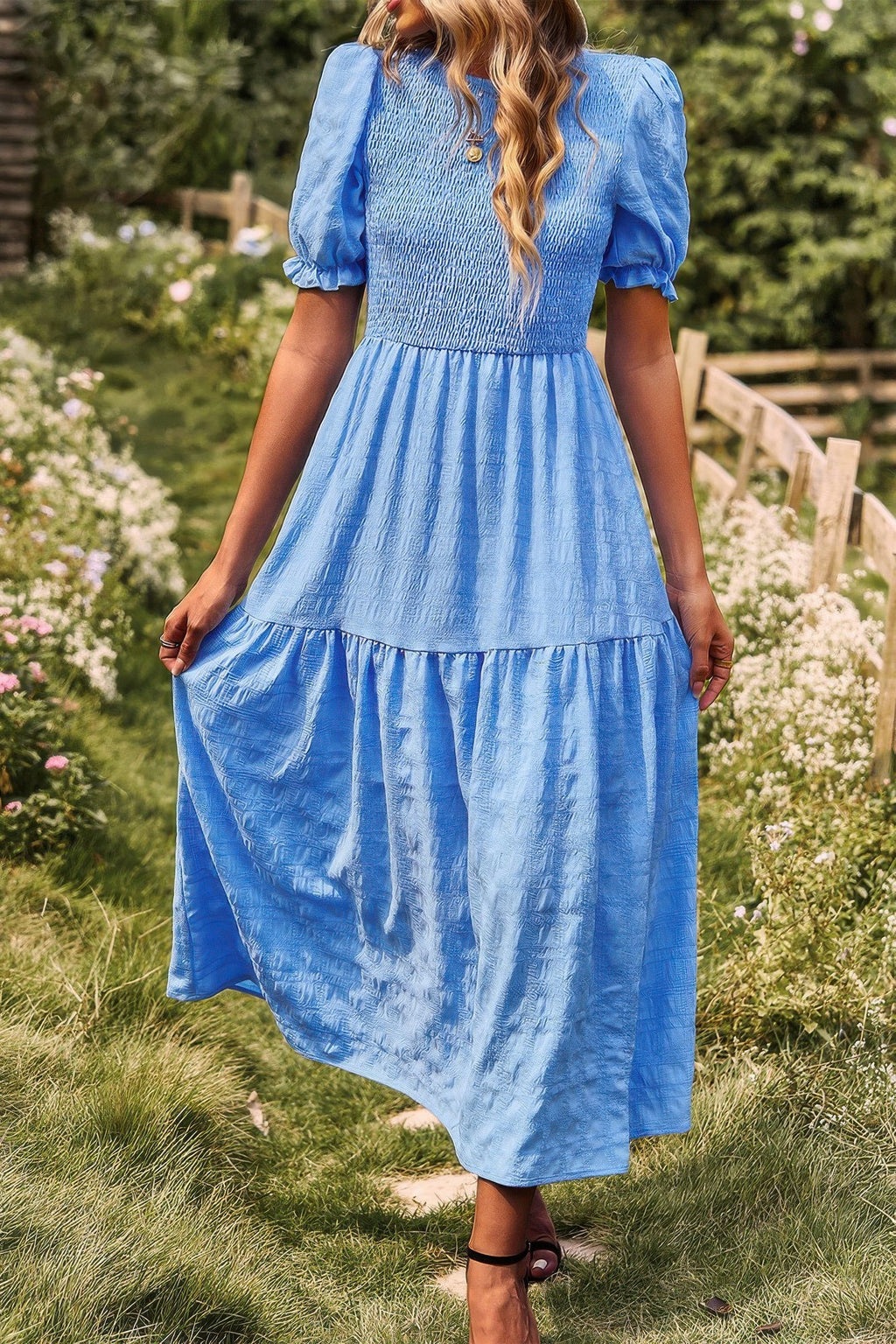 Pleated Tiered Solid Short Puff Sleeve A Line Dres