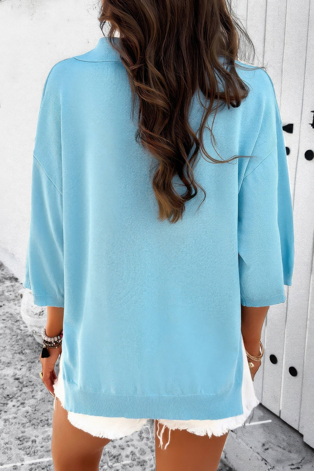 Solid Notched Collar V Neck Knit Short Sleeve Swea