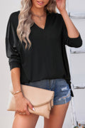Solid Drop Shoulder V Neck Split Long Sleeve Blouse