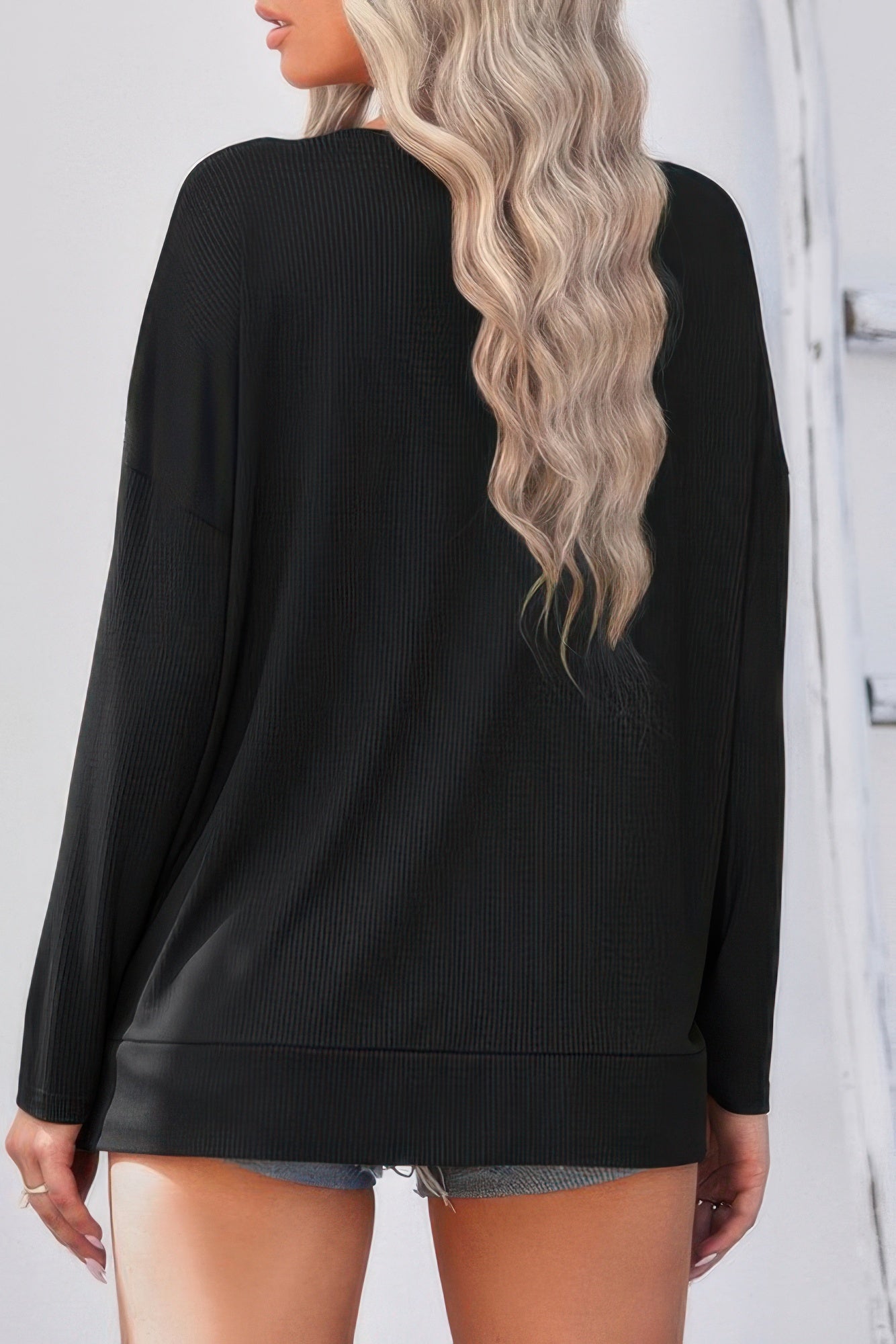 Solid Drop Shoulder V Neck Split Long Sleeve Blouse