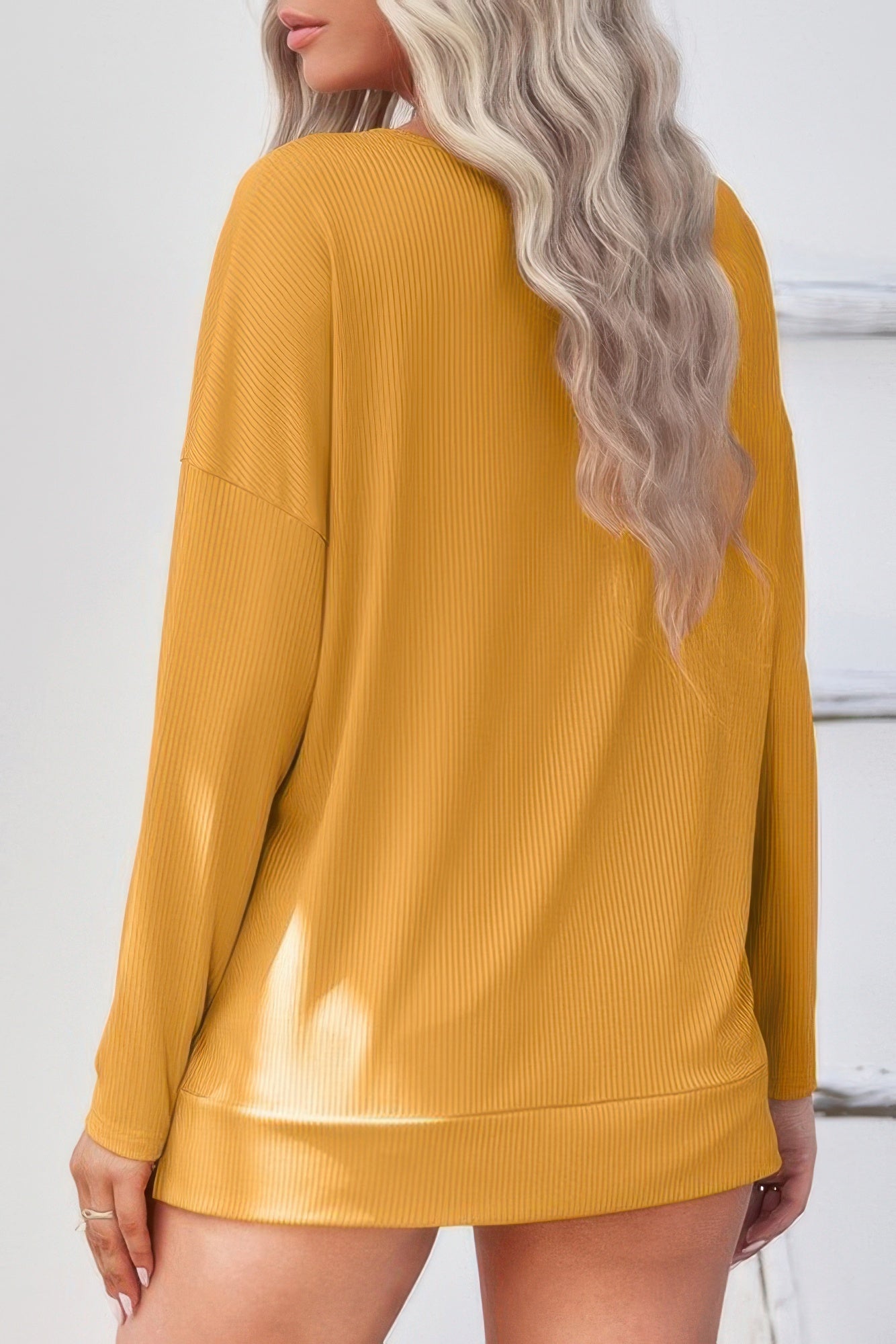 Solid Drop Shoulder V Neck Split Long Sleeve Blouse