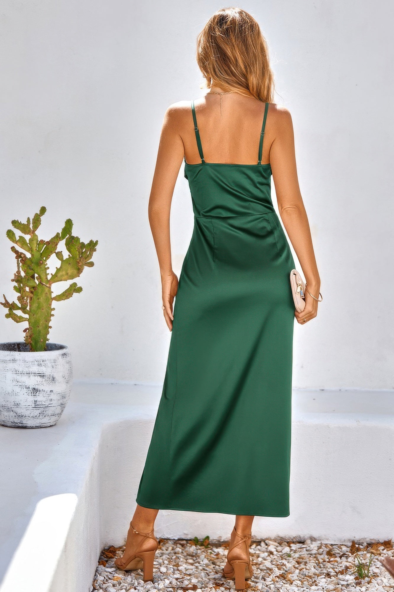 Spaghetti Strap Cowl Neck Split Midi Slit Dress