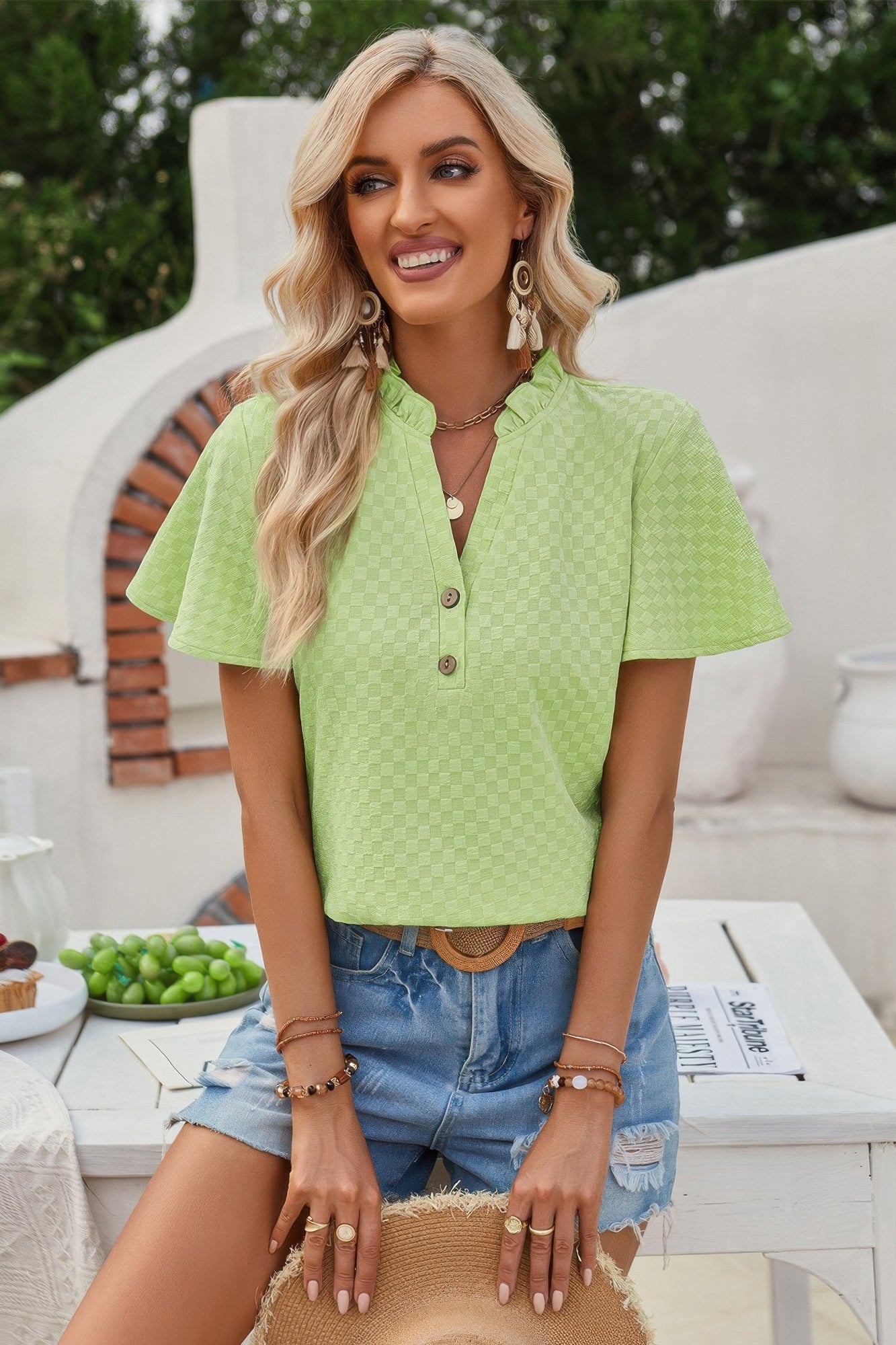 V Neck Loose Fit Solid Button Plaid Shirt