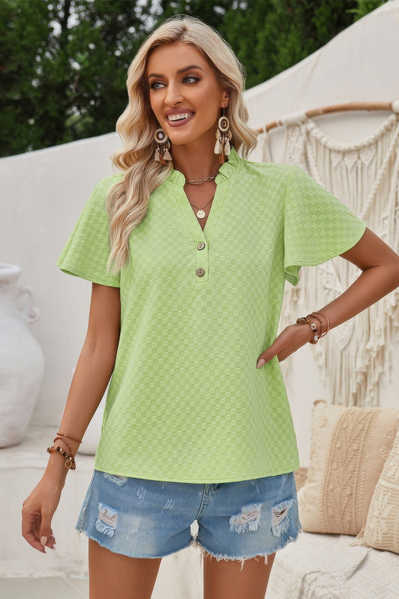 V Neck Loose Fit Solid Button Plaid Shirt