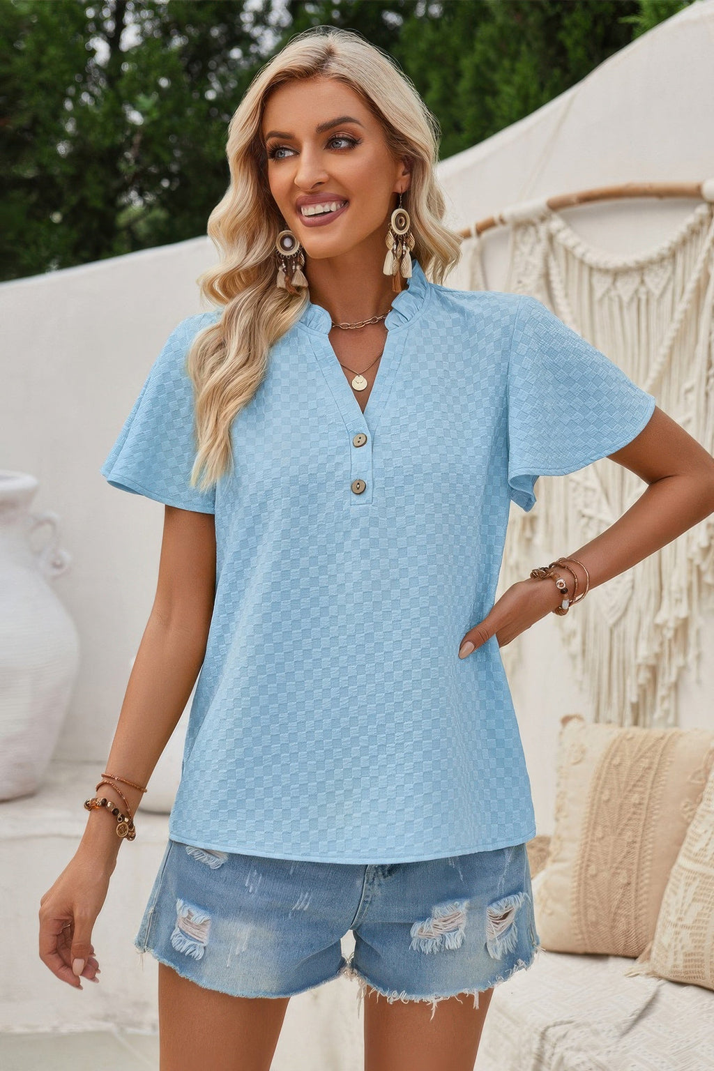 V Neck Loose Fit Solid Button Plaid Shirt