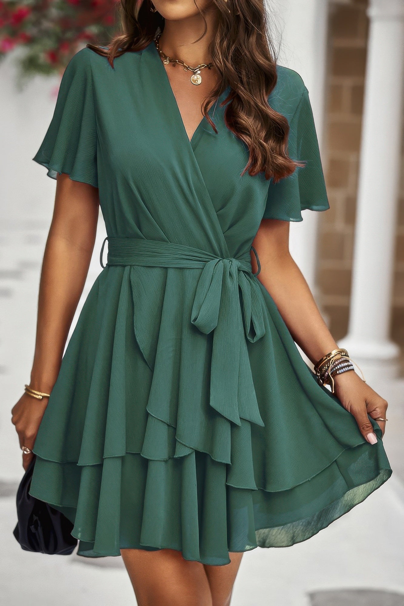 Chiffon Layer Hem Waist Tie Layer Hem Ruffle Dress
