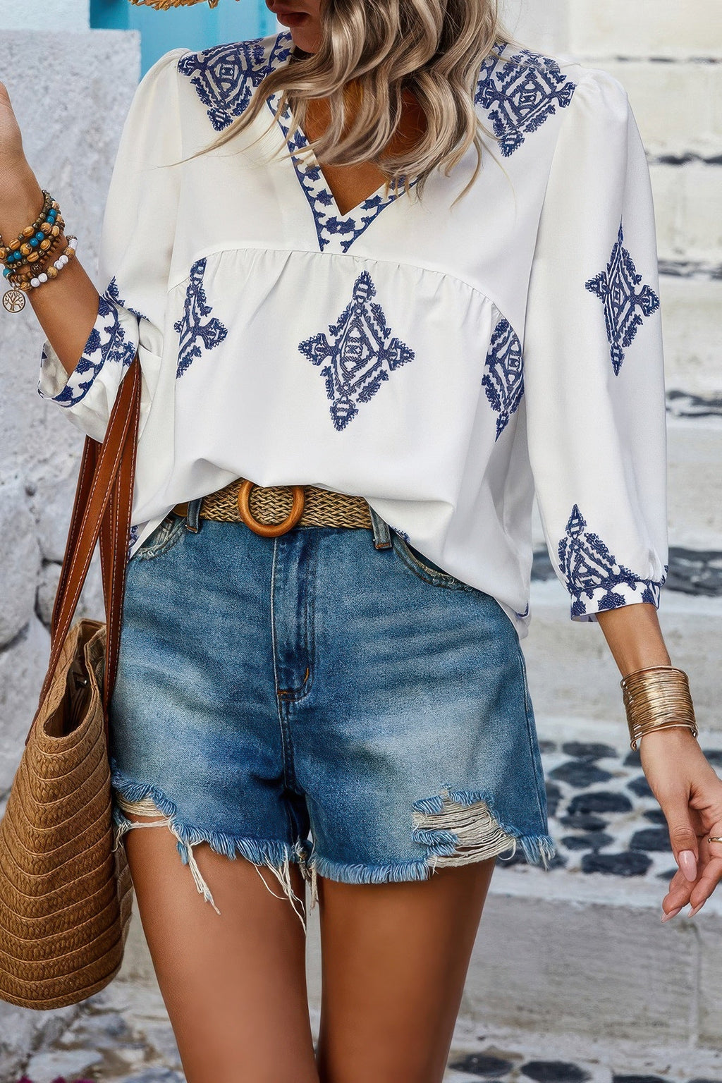 Printed T Shirt V Neck Loose Puff Sleeves Shirts