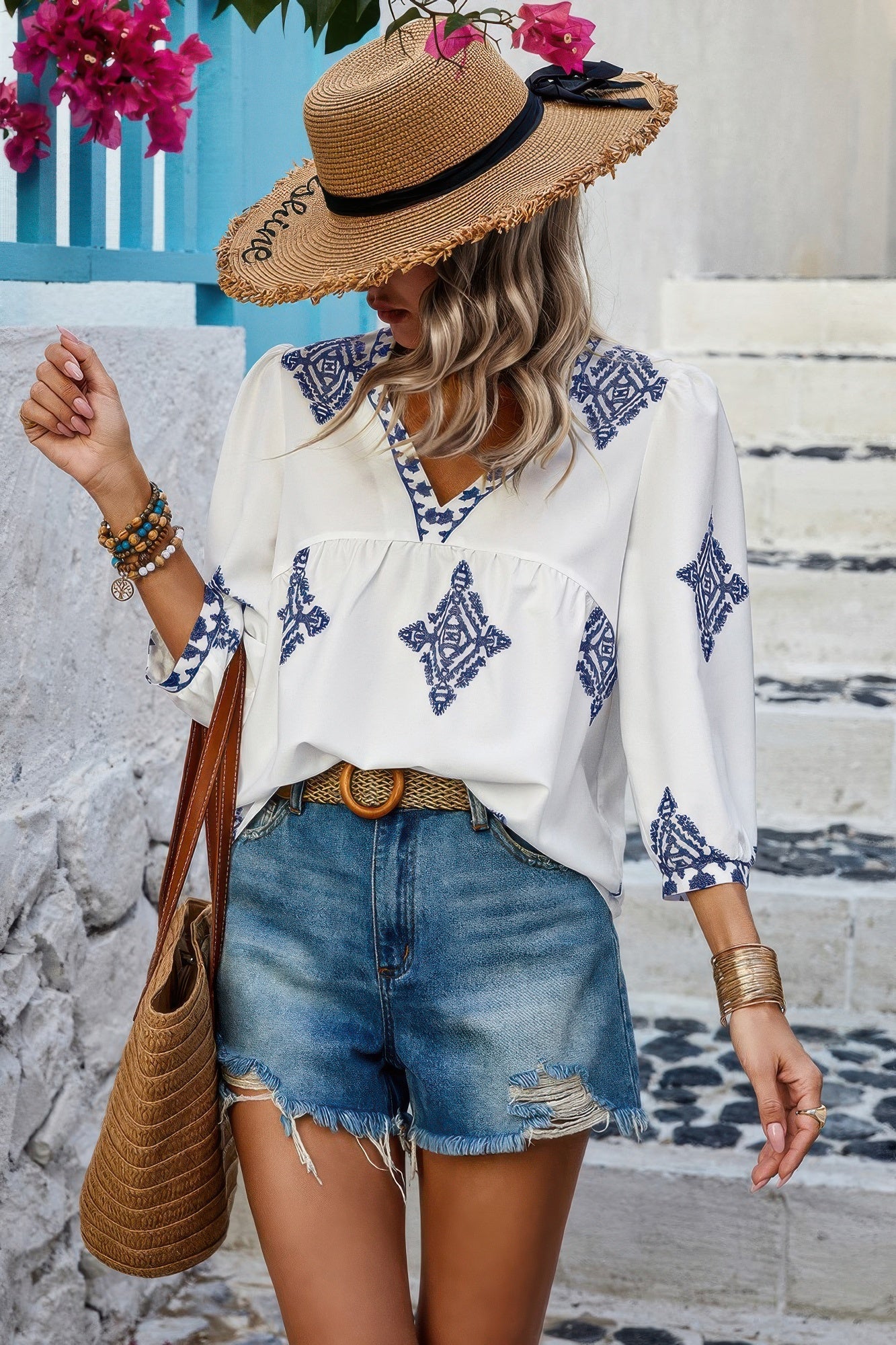Printed T Shirt V Neck Loose Puff Sleeves Shirts