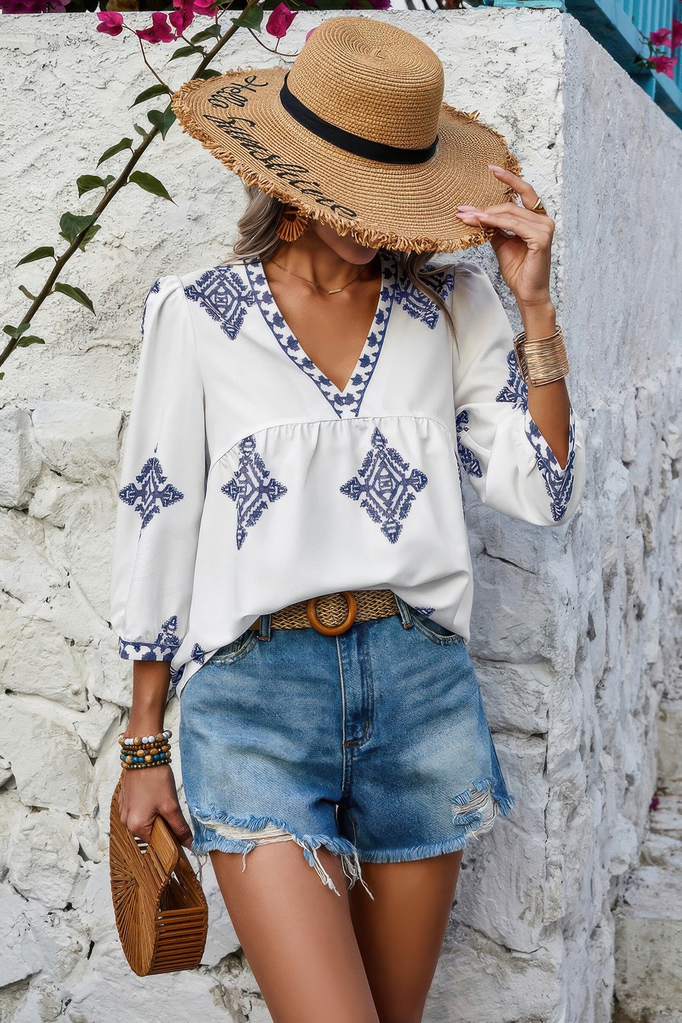 Printed T Shirt V Neck Loose Puff Sleeves Shirts