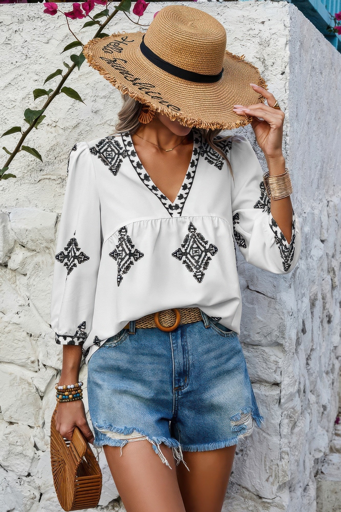 Printed T Shirt V Neck Loose Puff Sleeves Shirts