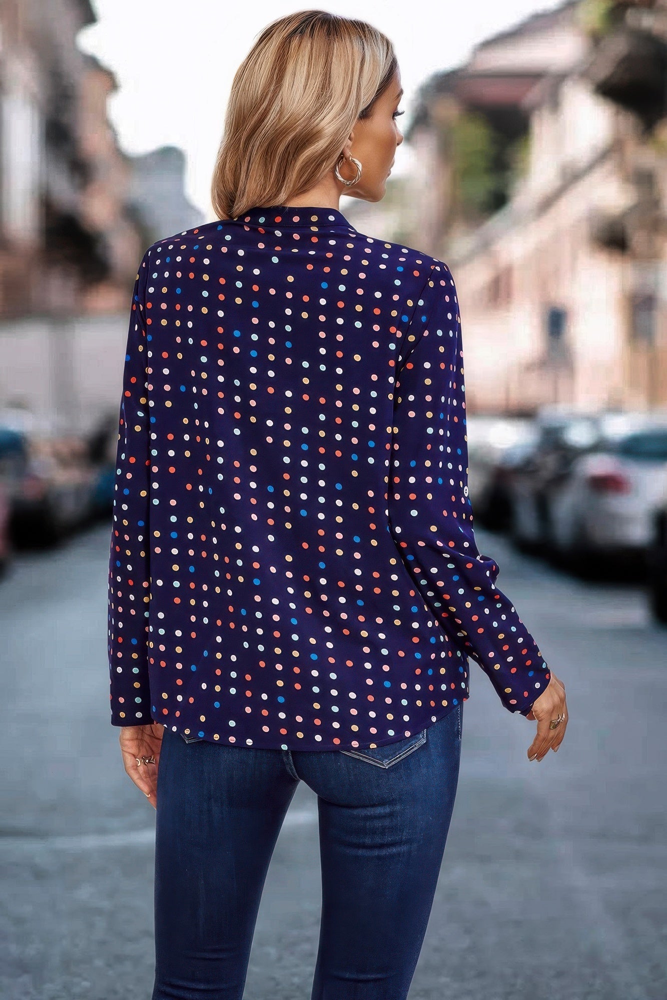 Polka Dot Puff Sleeve Notched Neckline Blouse