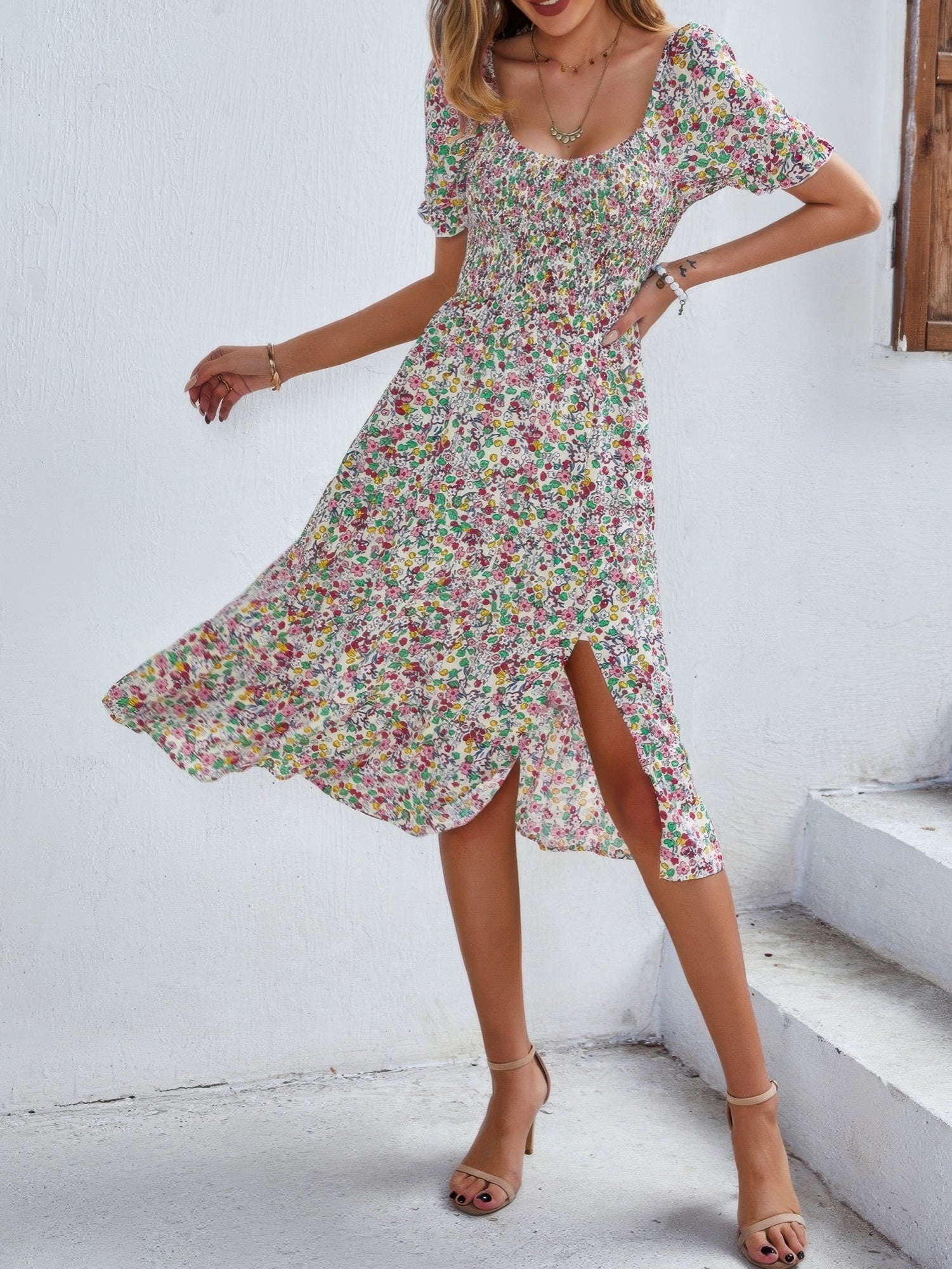 Bohemia Floral Puff Sleeve Flounce Sleeve Dress