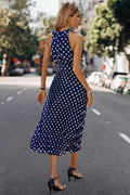 Dot Print Open Shoulder Fit Knot Belt Dress