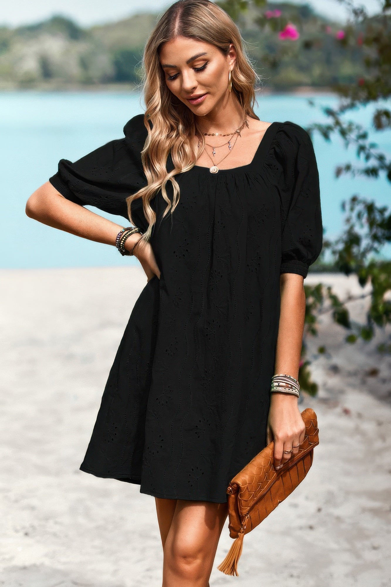 Square Neck Short Bubble Sleeve Babydoll Dress