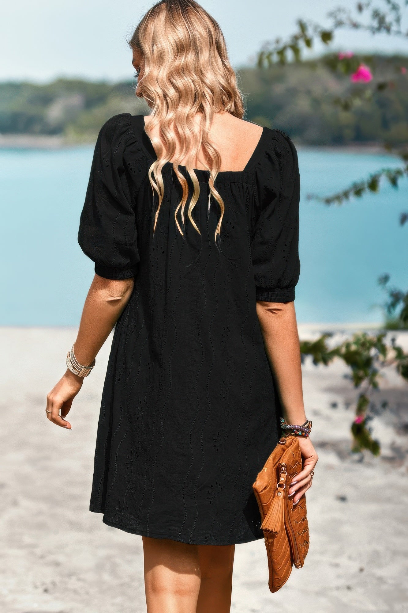 Square Neck Short Bubble Sleeve Babydoll Dress