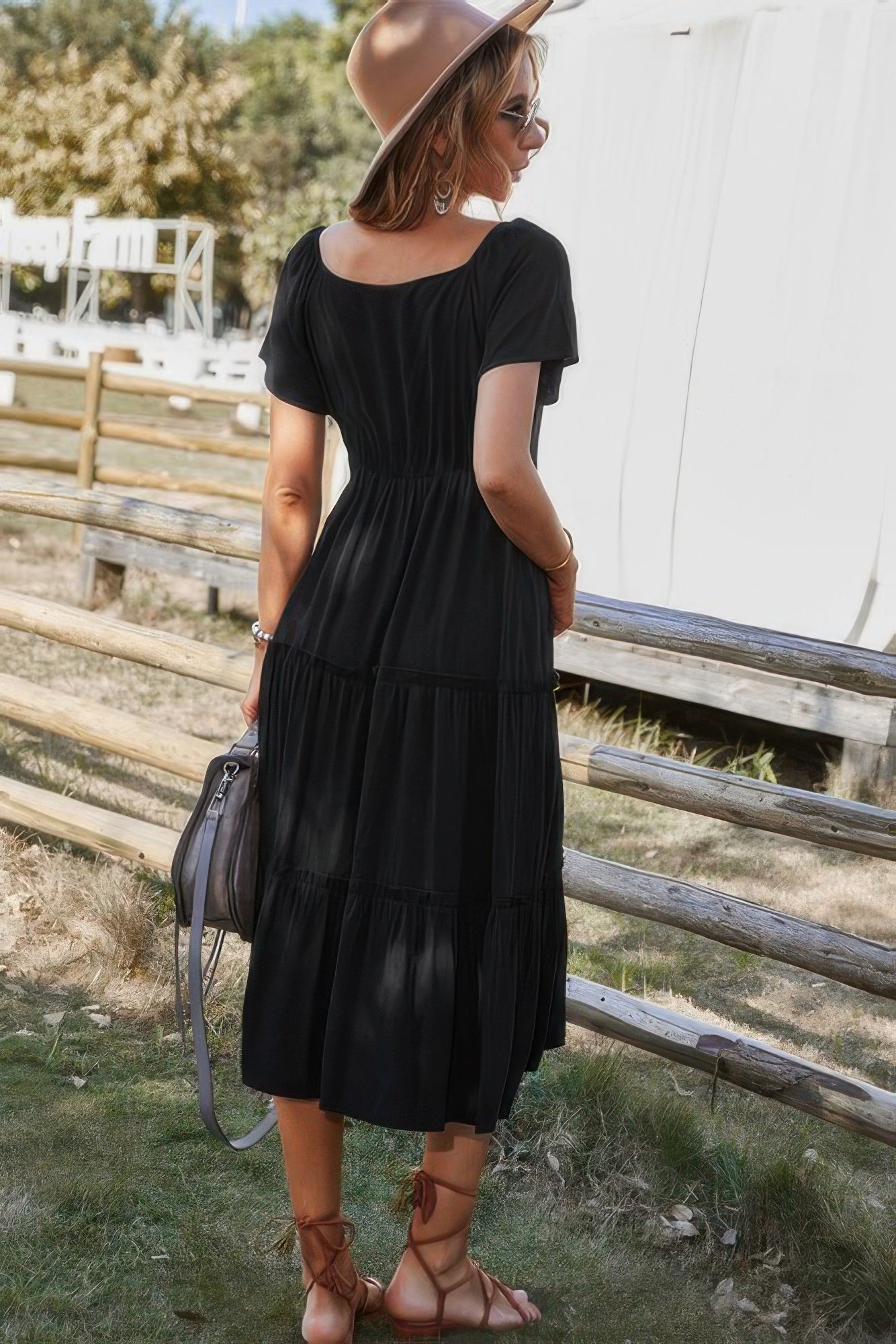 Button V Neck Tiered Short Sleeve Midi Dress